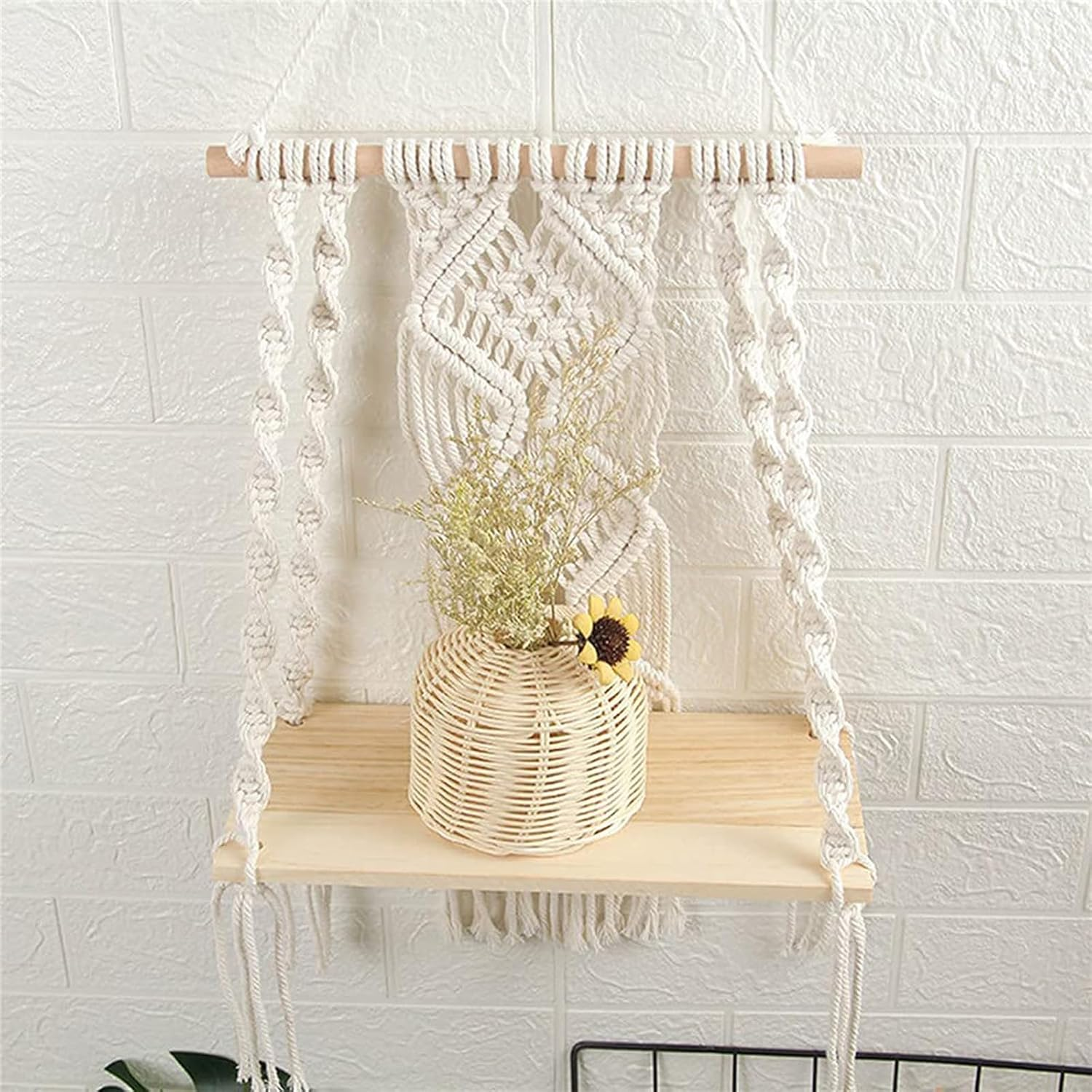 Cozioz Macrame Wall Hanging Shelf, Handmade Boho Floating Wood Shelf with Decorative Rope, Indoor/Outdoor Plant Display Storage Shelf image number 5