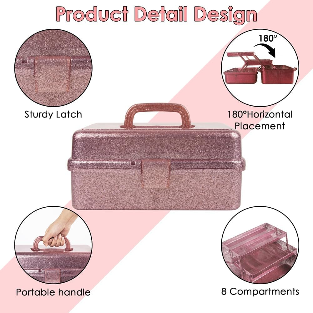 Bjworeye Glitter Pink & Craft Tool Storage Box,3-Layer Stackable Carry Tackle Box Sewing Box Organizer for Art image number 5