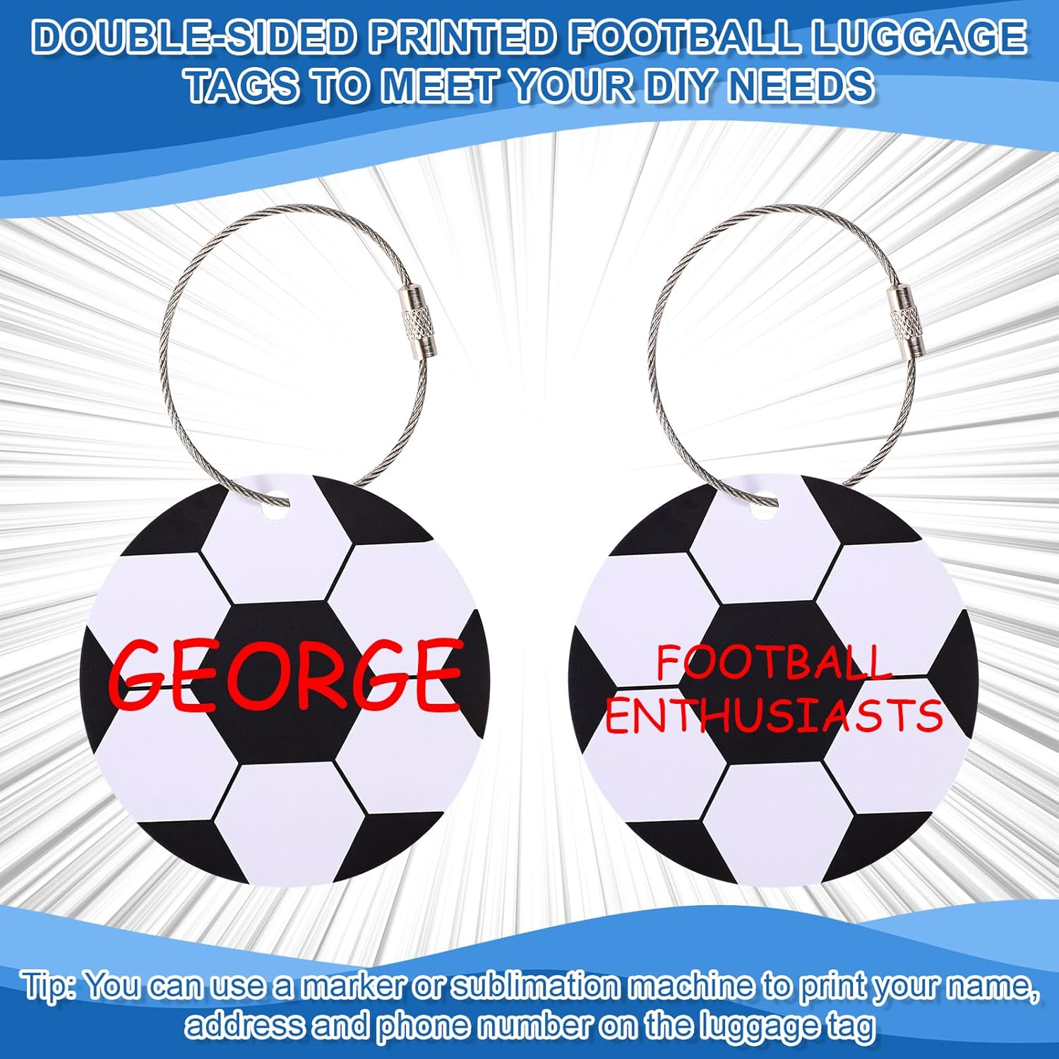 12Pcs Soccer Luggage Tags, 2.76In PVC Travel Bag Labels with Metal Ring Football Keychain Personalize DIY Name ID Cards for Men & Women Suitcases Backpack Sport Team Favors image number 5