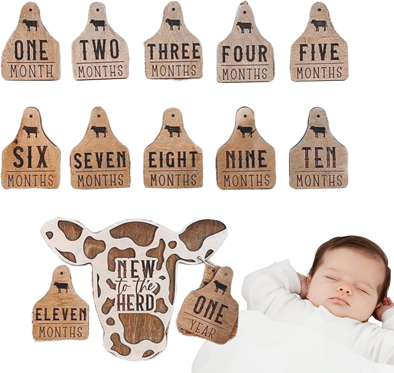 Mbiyhgta Highland Livestock Milestone Marker | Monthly Milestones for Toddlers Wood with CUET Label - 13 Pieces of Rustic Wood Herd