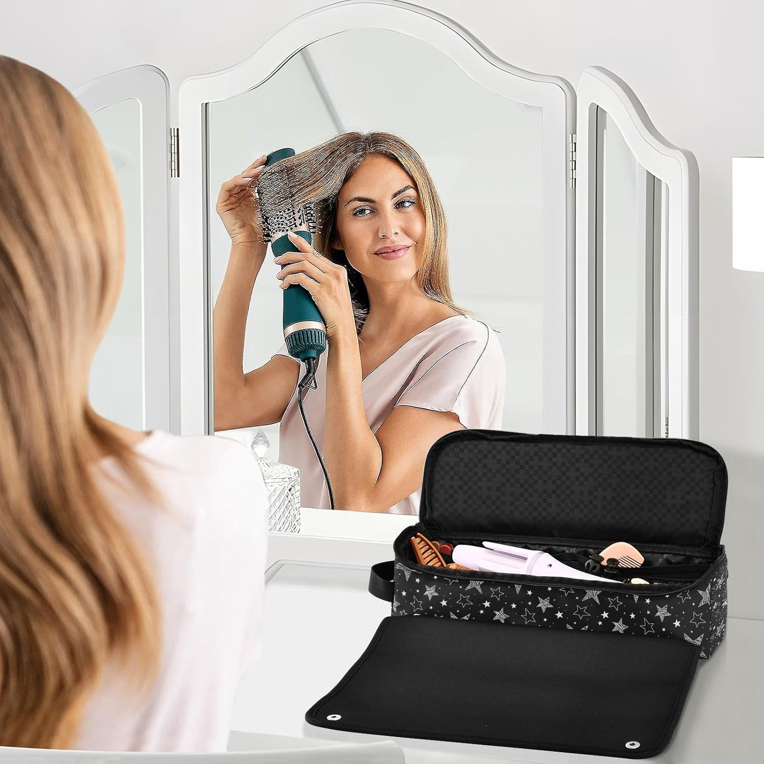 Hair Tools Travel Bag with Heat Resistant Mat Detachable 2-In-1 Curling Iron Travel Case Hot Tools Organizer for Straightener Flat Iron Black Stars - Black Stars image number 6