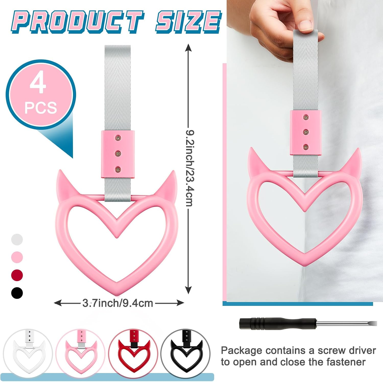 Fabbay 4 Pieces Heart Shaped Car Handle Straps Hang Ring Rear Bumper Warning Ring Decorative Subway Train Bus Handle Hand Strap Drift for Car Interior(Black, White, Red, Pink, Devil)