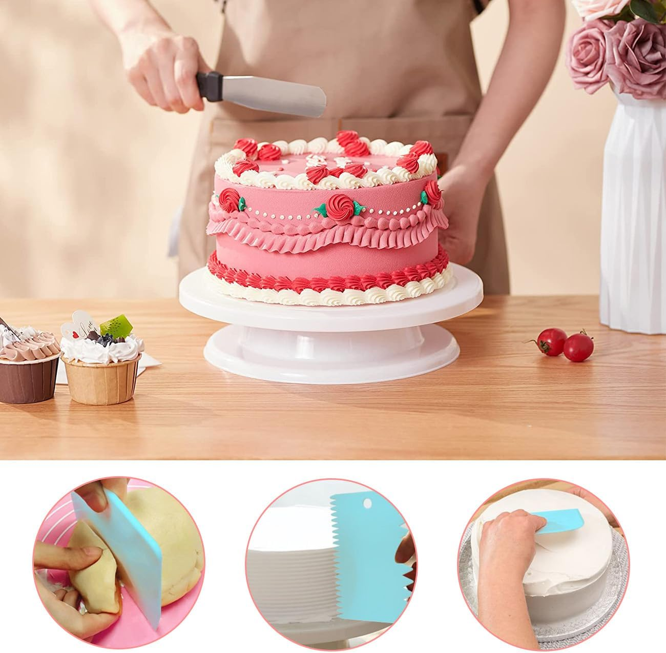 Cake Decorating Turntable, Gyvazla Cake Decorating Equipment, Cupcake Decorating Kit Supplies Rotating Turntable, Coupler, Frosting, Piping Bags and Tips Set, Icing Spatula, Pastry Tool, Cake Scrapers image number 6