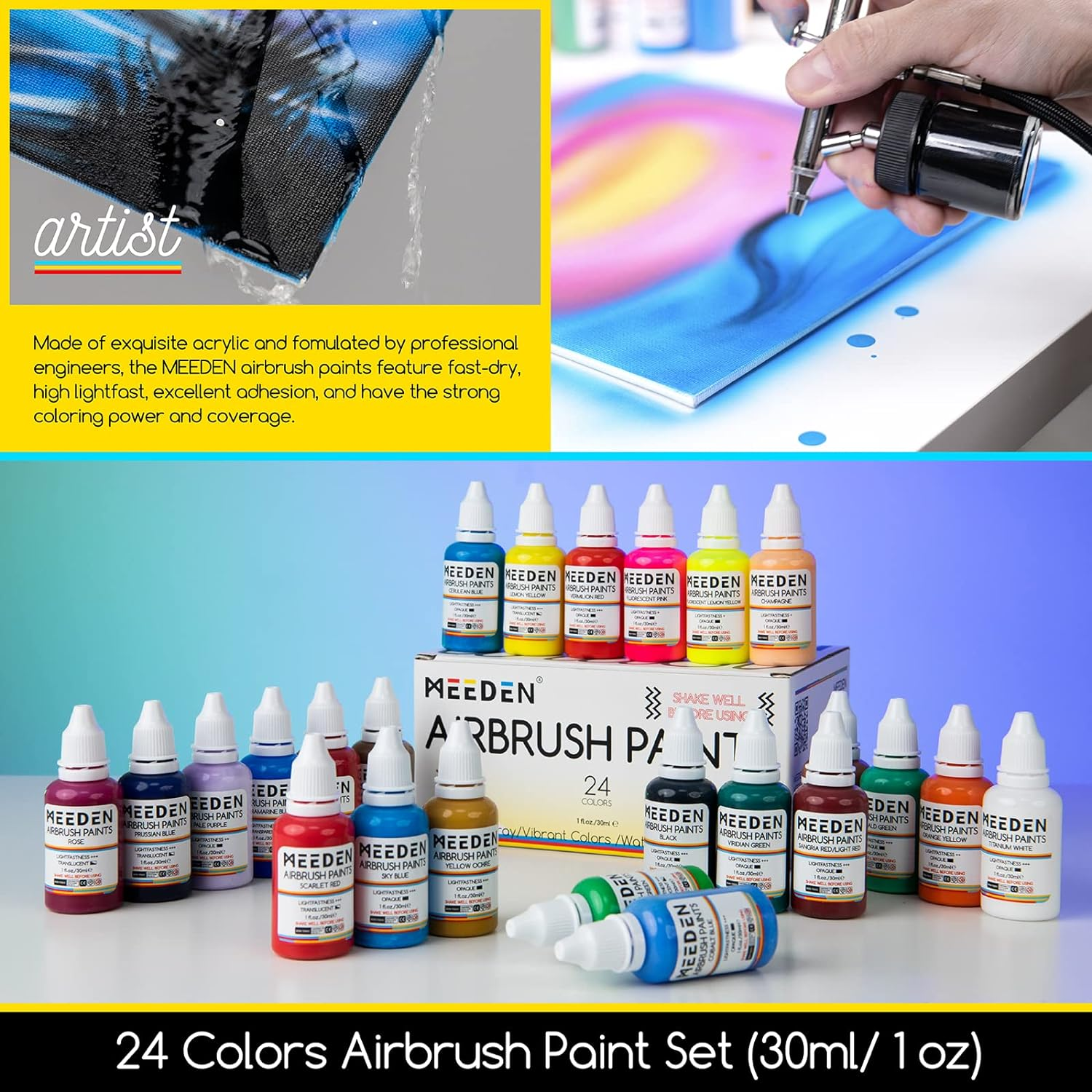 MEEDEN Airbrush Kit with Compressor and Paint - 1/5 HP Quite Air Compressor for Model Painting with 3 Dual-Action Airbrush Guns - 24 Colours X 30Ml Acrylic Spray Paint Set with Air Hose image number 7