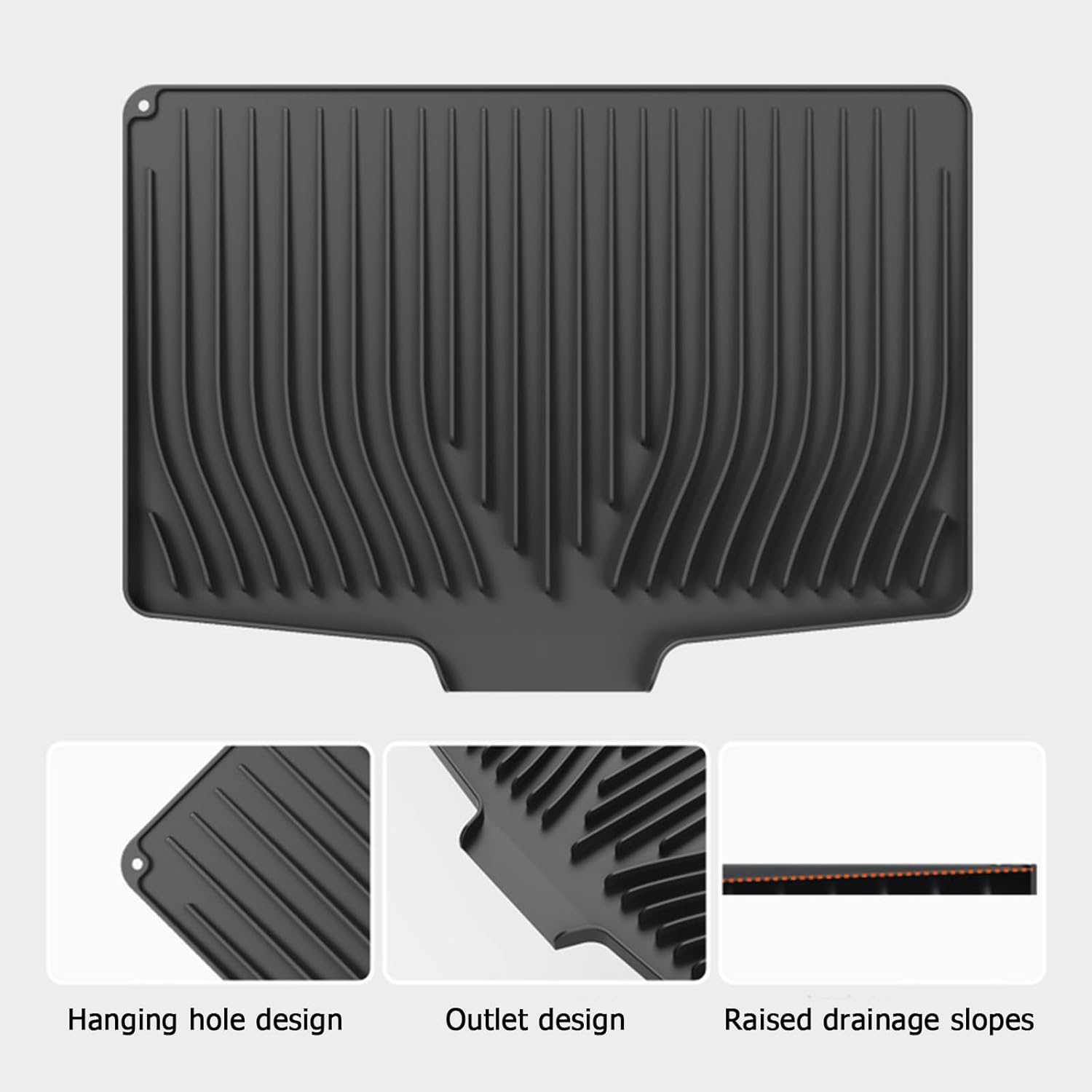Silicone Dish Drainer Mat, Silicone Dish Drying Mat for Kitchen Counter, Multifunctional and Foldable Sloped Draining Mat, Heat-Proof & Non-Slip Drain Pad with Built-In Drain (Black)