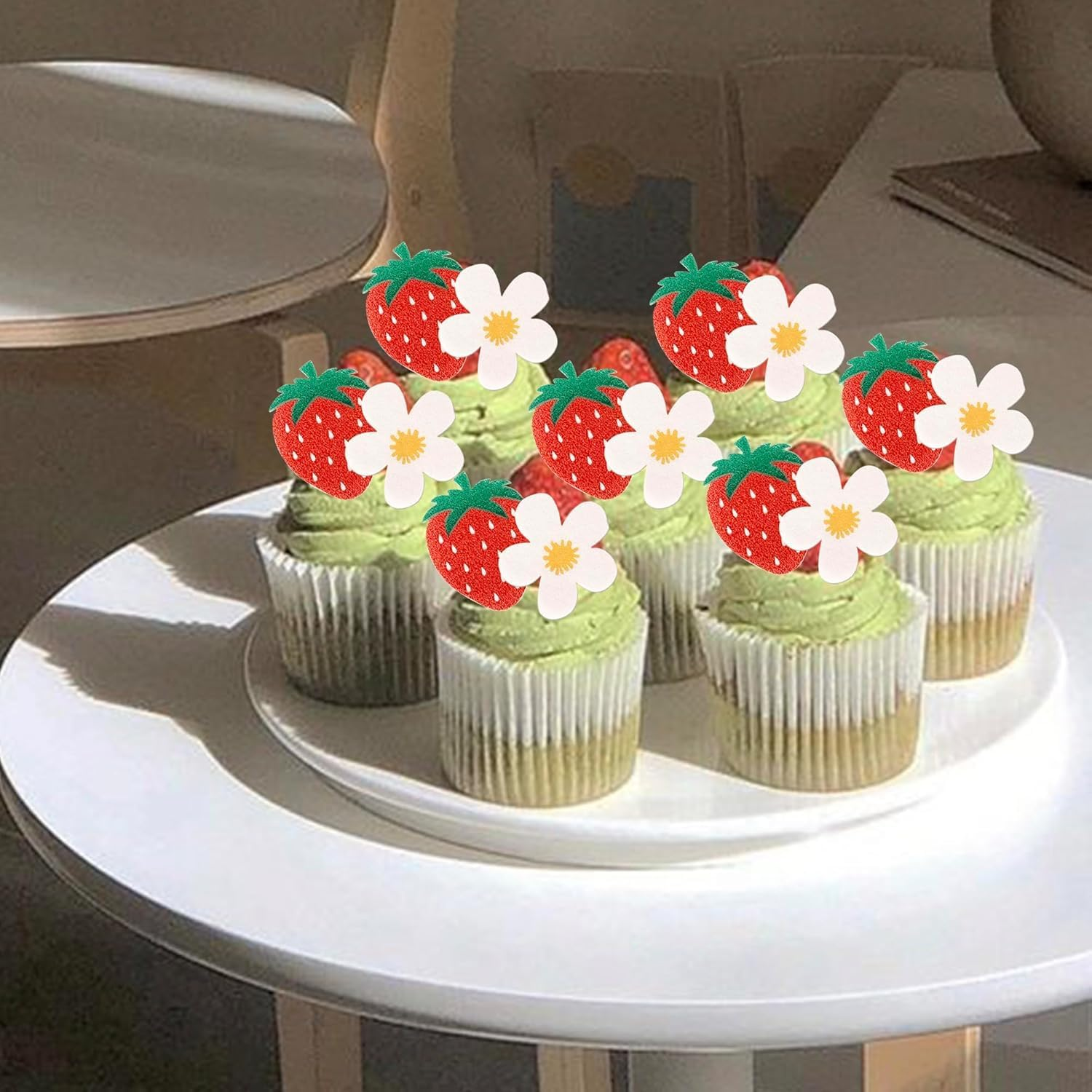 SYKYCTCY 60 Pack Edible Strawberry Cupcake Toppers Strawberry Flower Birthday Cake Decorations Edible Berry Bridal Engagement Cupcake Picks for Baby Shower Wedding Anniversary Party Supplies (#1)