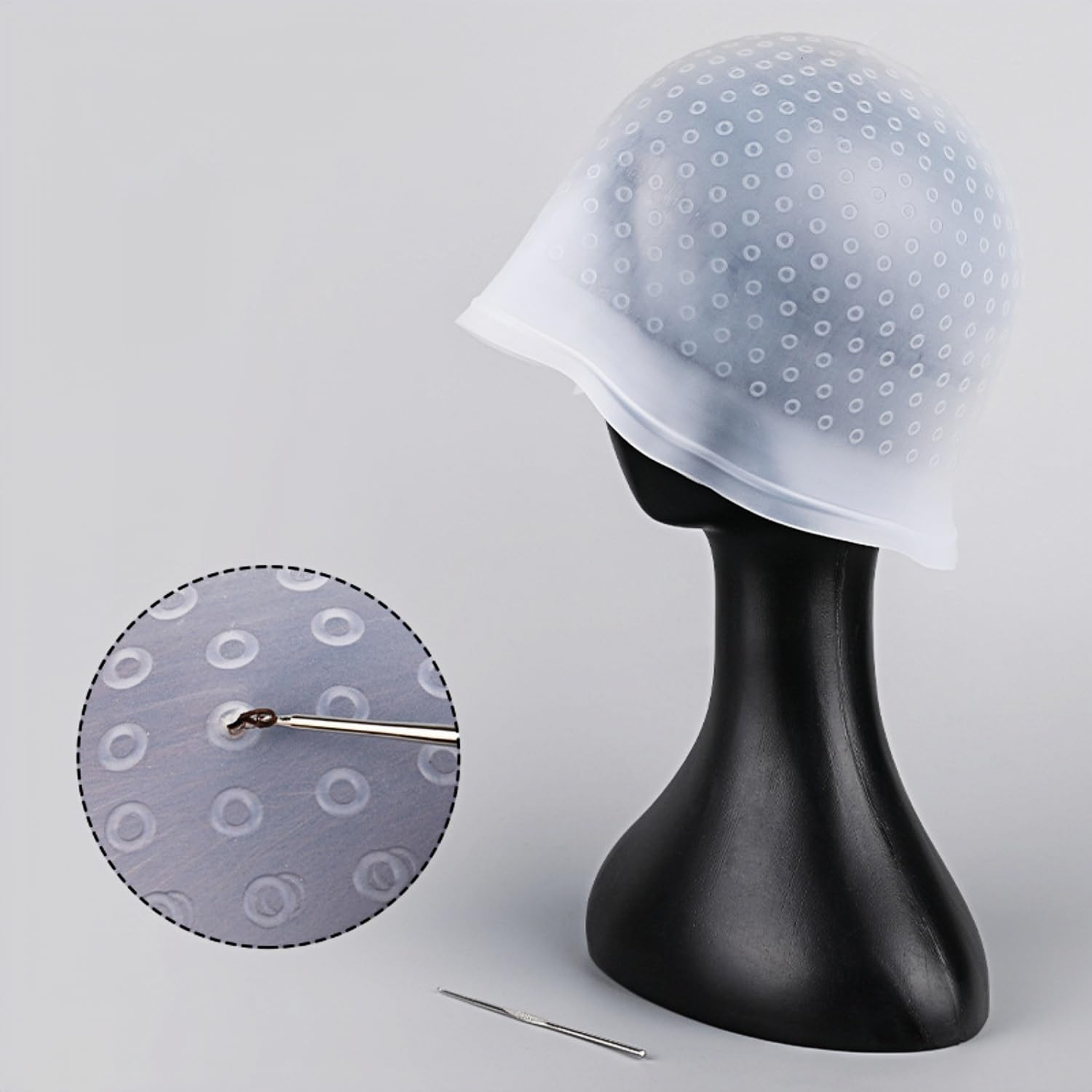 Heanvmyss Silicone Highlighting Cap,Hair Highlighting Cap and Hook Kit,Reusable Streaking Caps with Pre-Punched Holes,Soft Half Transparent Hair Highlighting Cap for Men Women Salon Home(White) image number 5