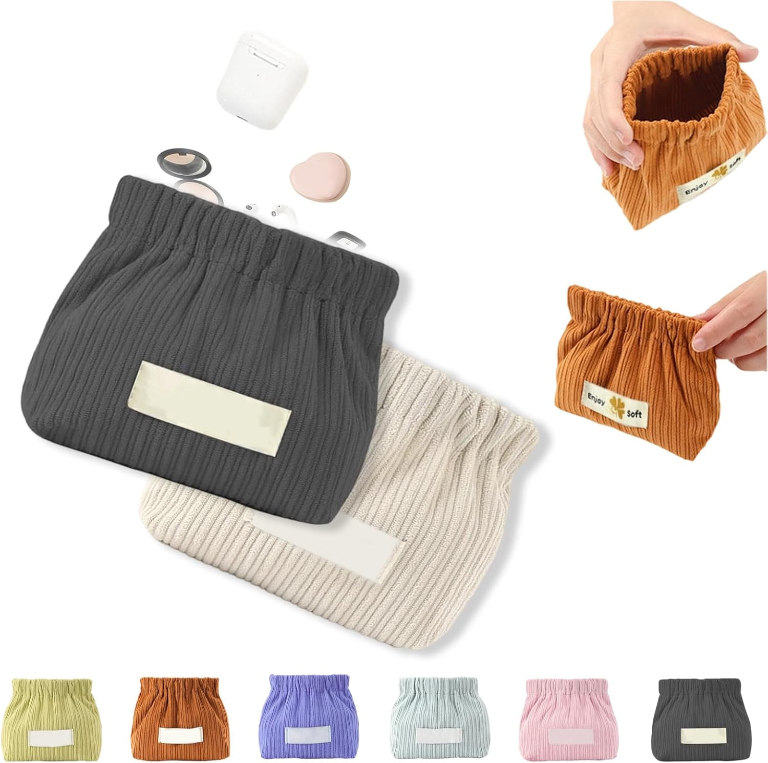 Corduroy Elastic Hair Tie Organizer, Portable Capacity Corduroy Elastic Storage Bag Closing Lipstick Bag, Cute Mini Makeup Pouch Bag Light and Easy to Carry (2A2)