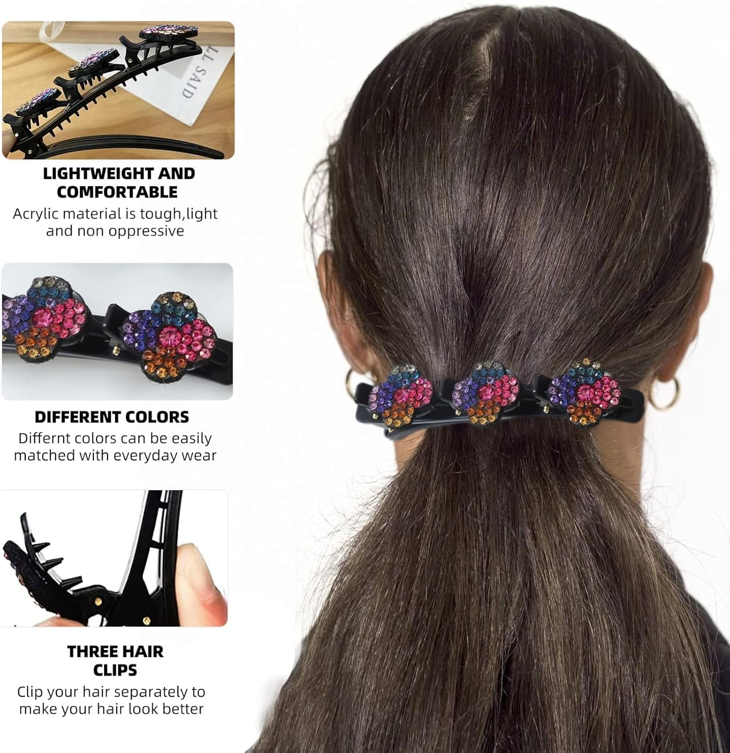 Braided Hair Clips, Sparkling Crystal Stone Braided Hair Clips, Braided Hair Clips for Women, Crystal Stone Braided Hair Clips for Thick Thin Hair Styling Sectioning (A+B+C, 12P) image number 4