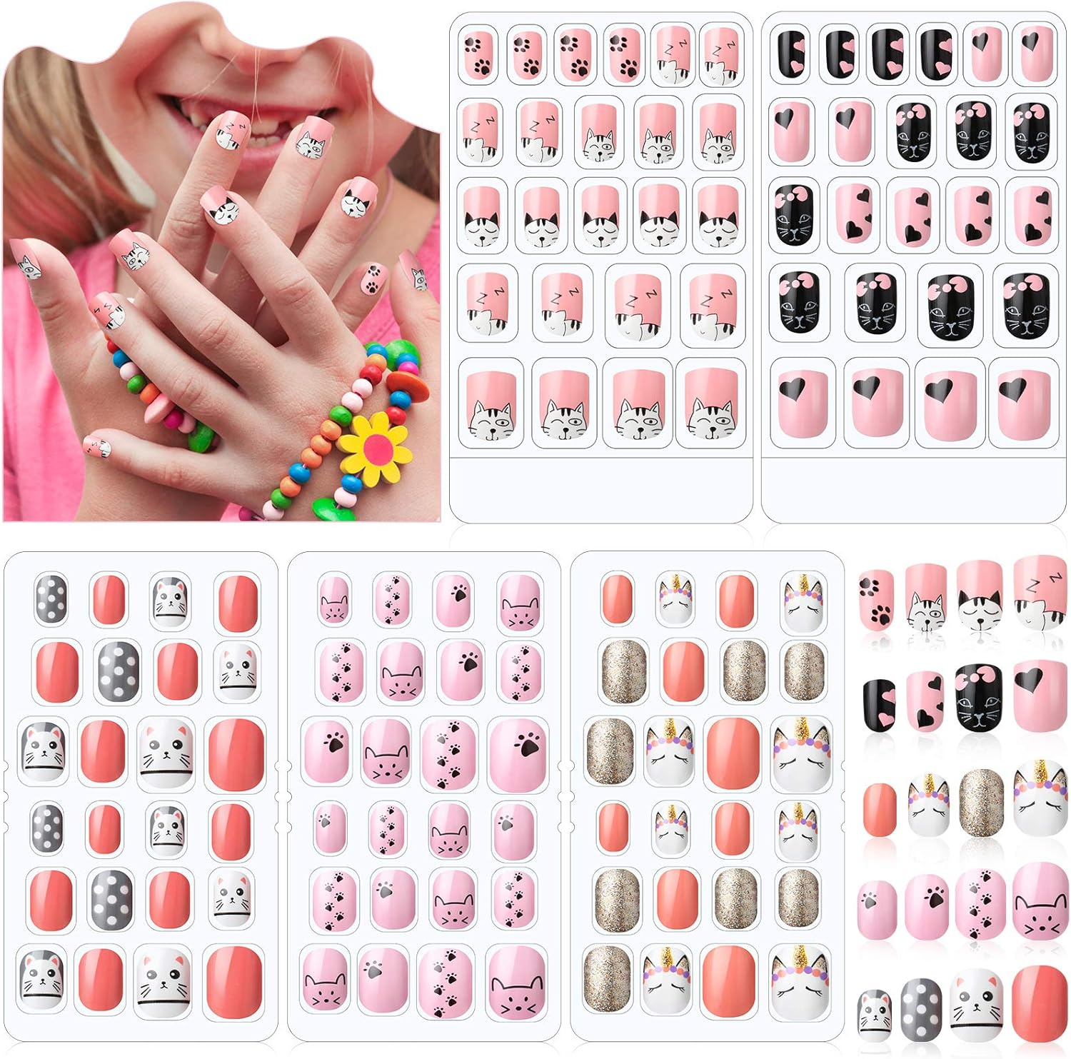 120 Pieces Kids Press on Nails Children Fake Artificial Nails Girls Full Cover Short False Fingernails for Girls Kids Design Decoration(Lovely Pattern) image number 5
