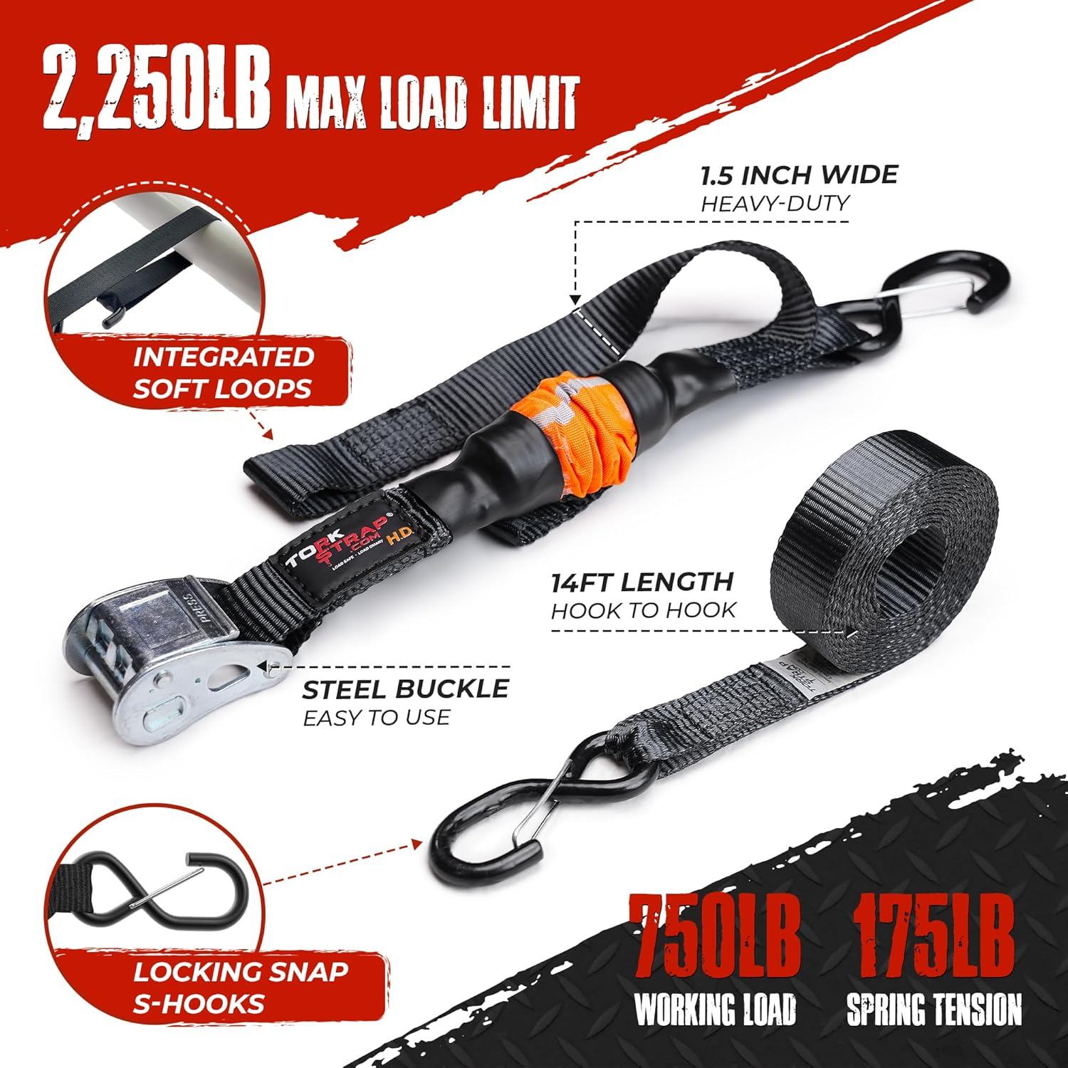 Torkstrap HD750 | 14'X1.5'' Spring Loaded Tie down Straps - Adapts to Load Shifts - Heavy Duty 2250Lbs Max Load - Just Pull Alternative to Ratchet Straps W/Hooks - Secure Motorcycles, Kayaks (2-Pack) image number 1