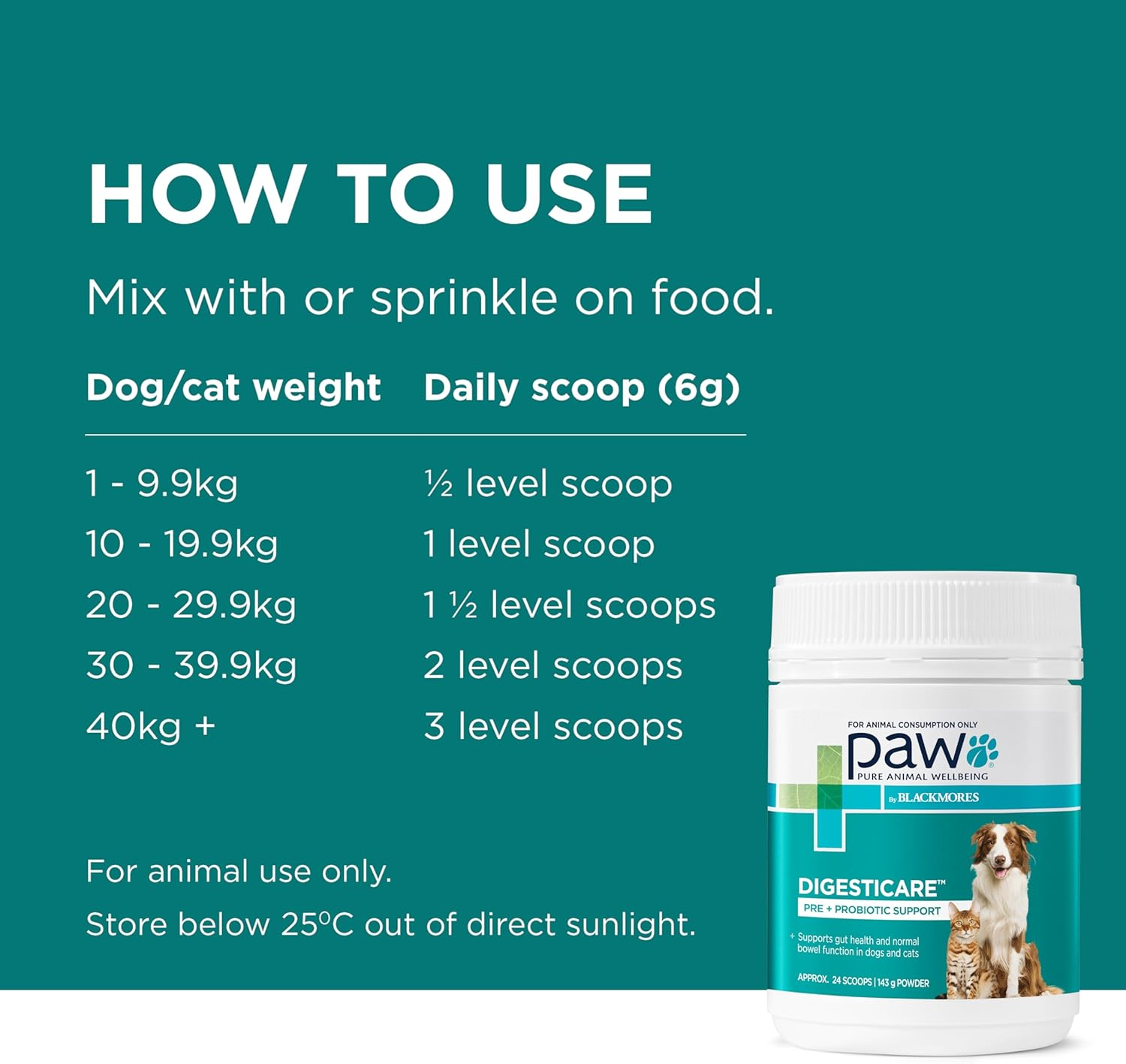 PAW by Blackmores Digesticare&trade; Probiotic Powder for Dogs and Cats | Supports Dog or Cat&rsquo;S Gut Health |143G