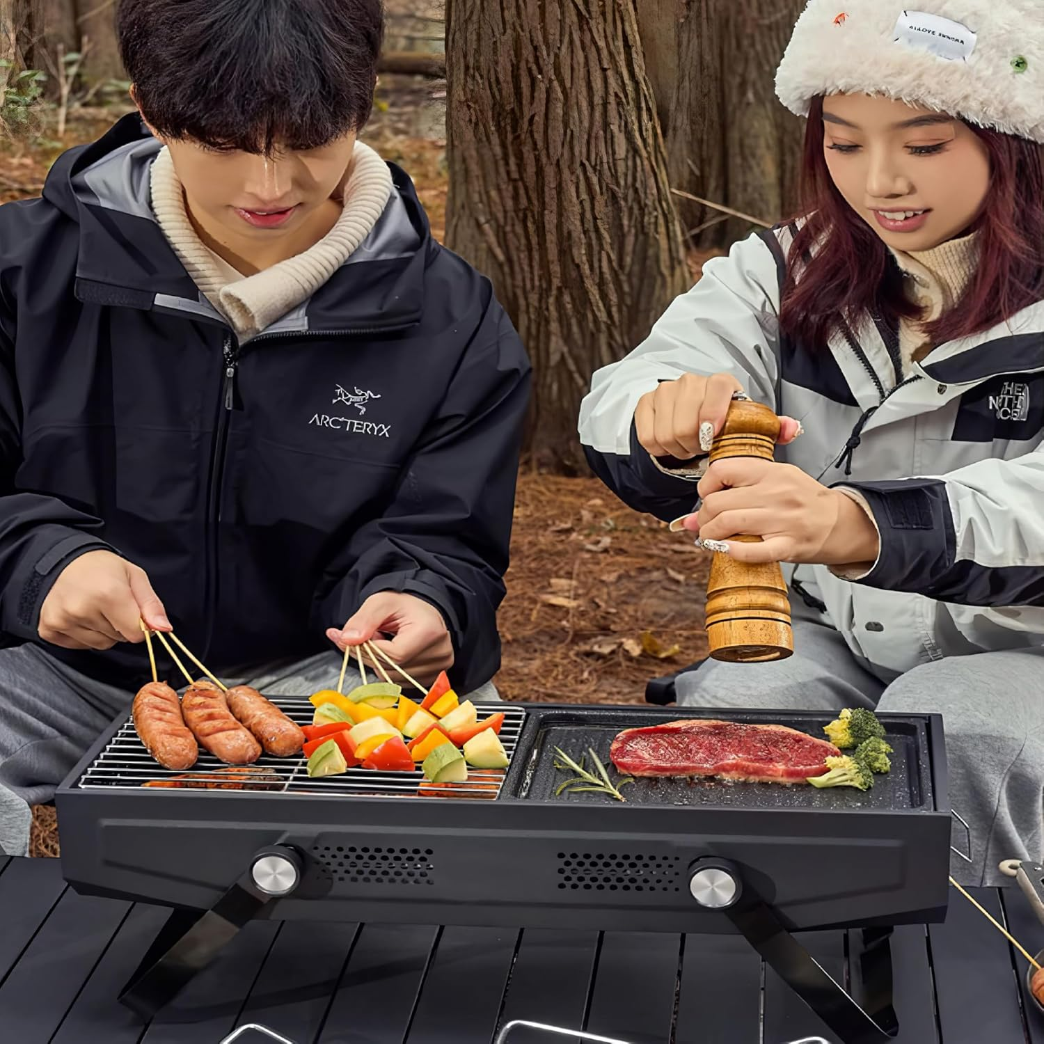 Ausleecostbay Portable Barbecue Charcoal Grill Stainless Steel Folding BBQ Tool Kits for Outdoor Cooking Camping Hiking Picnics Tailgating Backpacking or Any Outdoor Event (Grey)