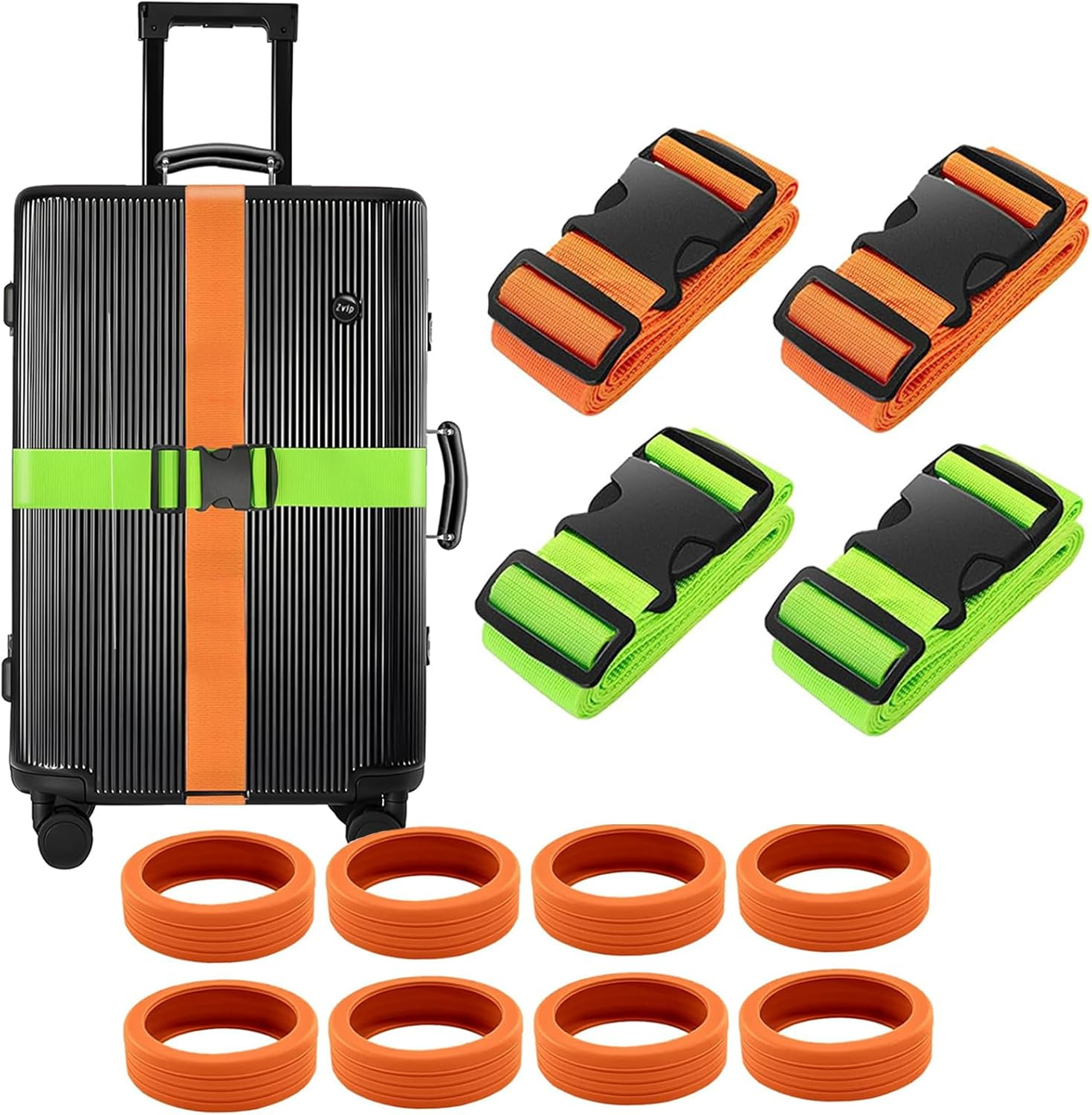 MKUCCD 8PCS Silicone Luggage Wheel Protective Covers and 4 Pack Luggage Straps 1.85M Long, Belts Keep Suitcase Secure While Traveling (Green/Orange)