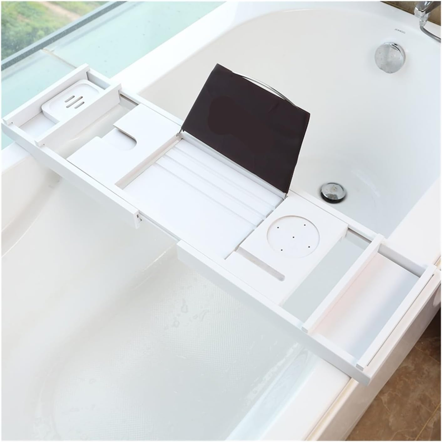 Nordic Extendable Bamboo Bathtub Tray Premium Bath Caddy Organizer with Adjustable Shelf Stylish Spa Storage Board for Hotel(Gray) - Brown image number 3