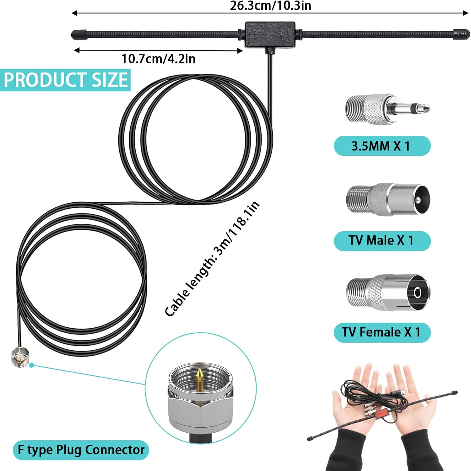 HQXHQ DAB FM Radio Antenna - FM Dipole with 3M Extension Cable for Pioneer, Yamaha, Marantz Works with Portable Radio Tuner, Stereo/Av/Hifi Receiver, Amplifier, Home Theater & Bose Wave Music System