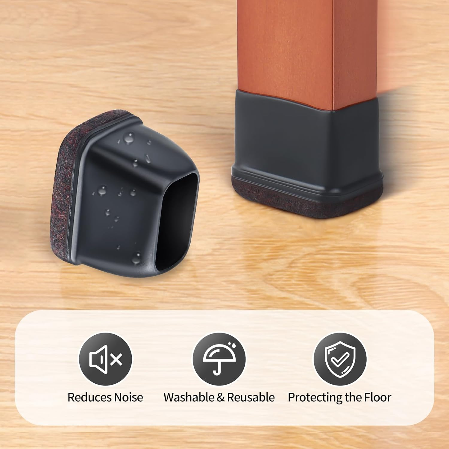 16PCS Chair Leg Floor Protectors, Rectangle Chair Leg Protection Caps, Small Black Silicone Chair Leg Covers with Felt Pads for Hardwood Floors, No Noise No Scratches image number 6