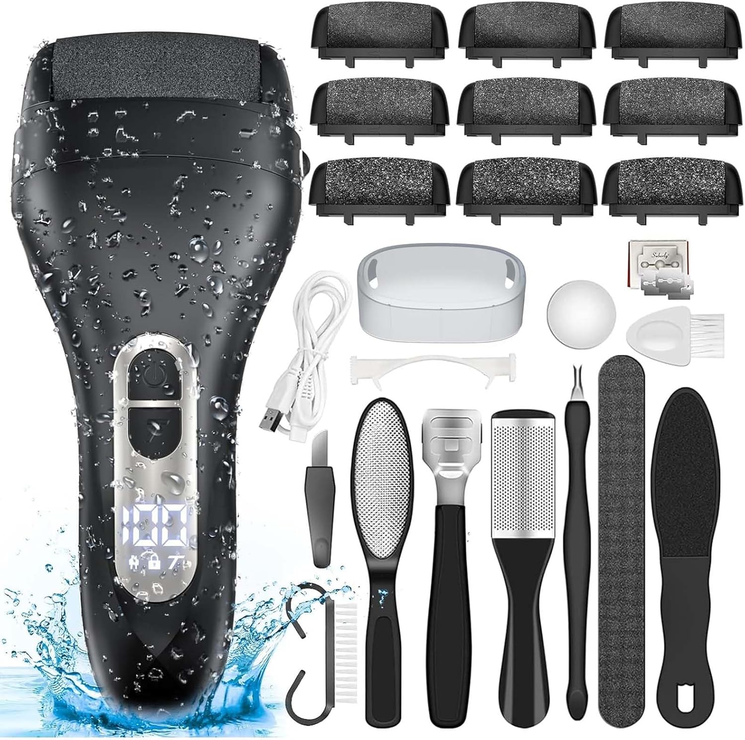 Electric Callus Remover for Feet - with 9Pcs Larger Grinding Head, Portable Pedicure Kit Foot File Callus Remover, Rechargeable Waterproof Foot File for Foot Care Deadskin Remover LCD Display-Black image number 2