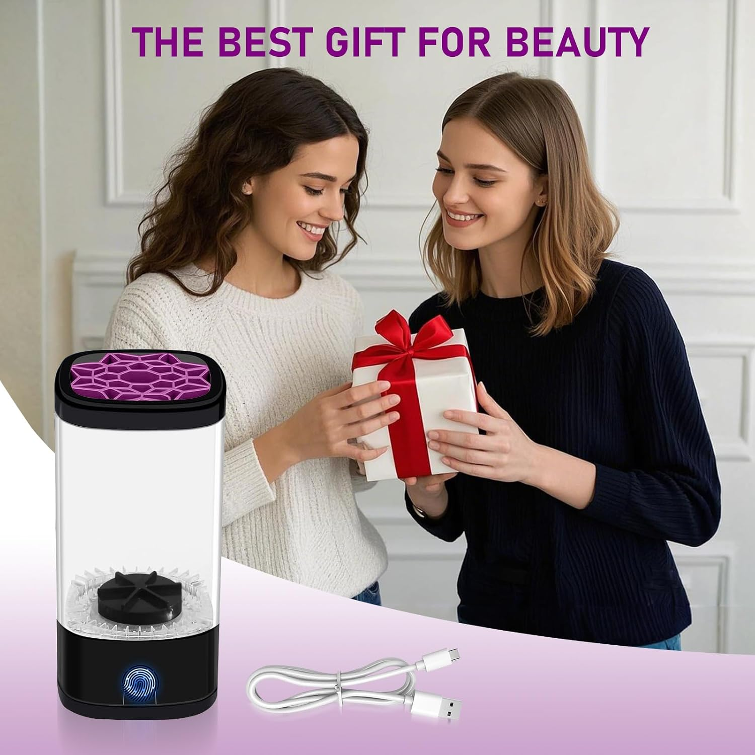 Electric Makeup Brush Cleaner,Quick Efficient Makeup Cleaner for Cleaning and Drying All Brush Types, Portable Automatic Makeup Brush Cleaning Solution for Beauty Lovers-Black - White image number 4