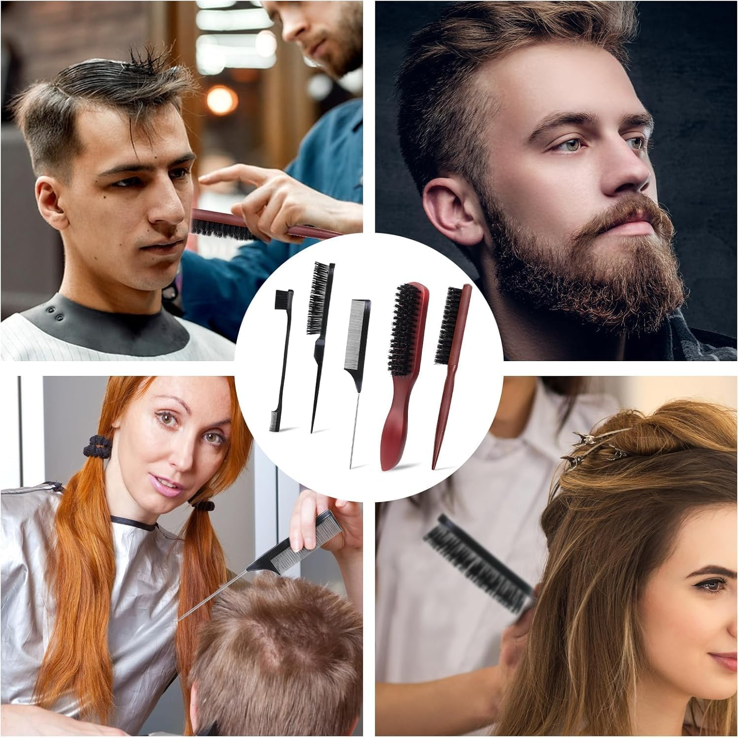 Boar Bristle Slick Back Hair Brush Teasing Comb, 5Pcs anti Static Quiff Roller Hair Brushes,Slick Back Hair Brushes Boar Bristle Hair Brush with Plastic Comb and Eyebrow Brush image number 1