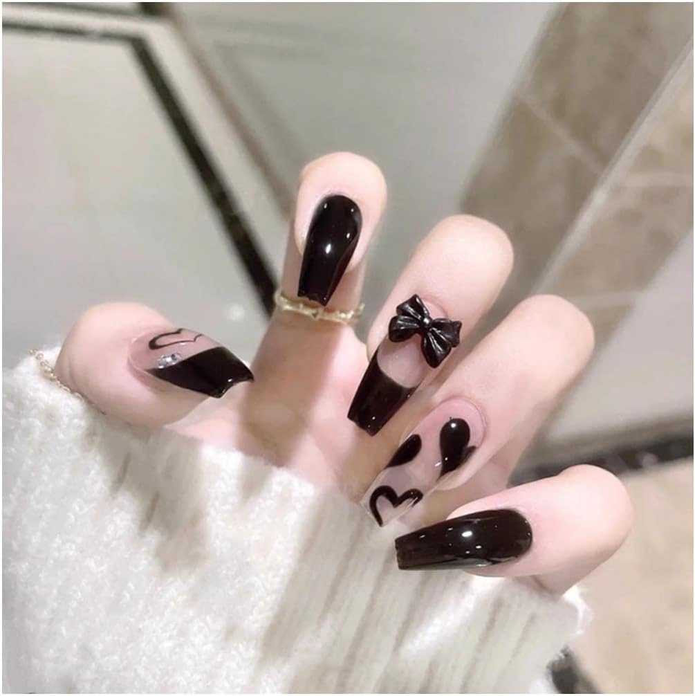 Fake Nail 24PCS Black False Nails Long Press on Nails Korean Style Heart Rhinestone Design Coffin Fake Nails Full Cover Acrylic Nails Tips Women False Nails