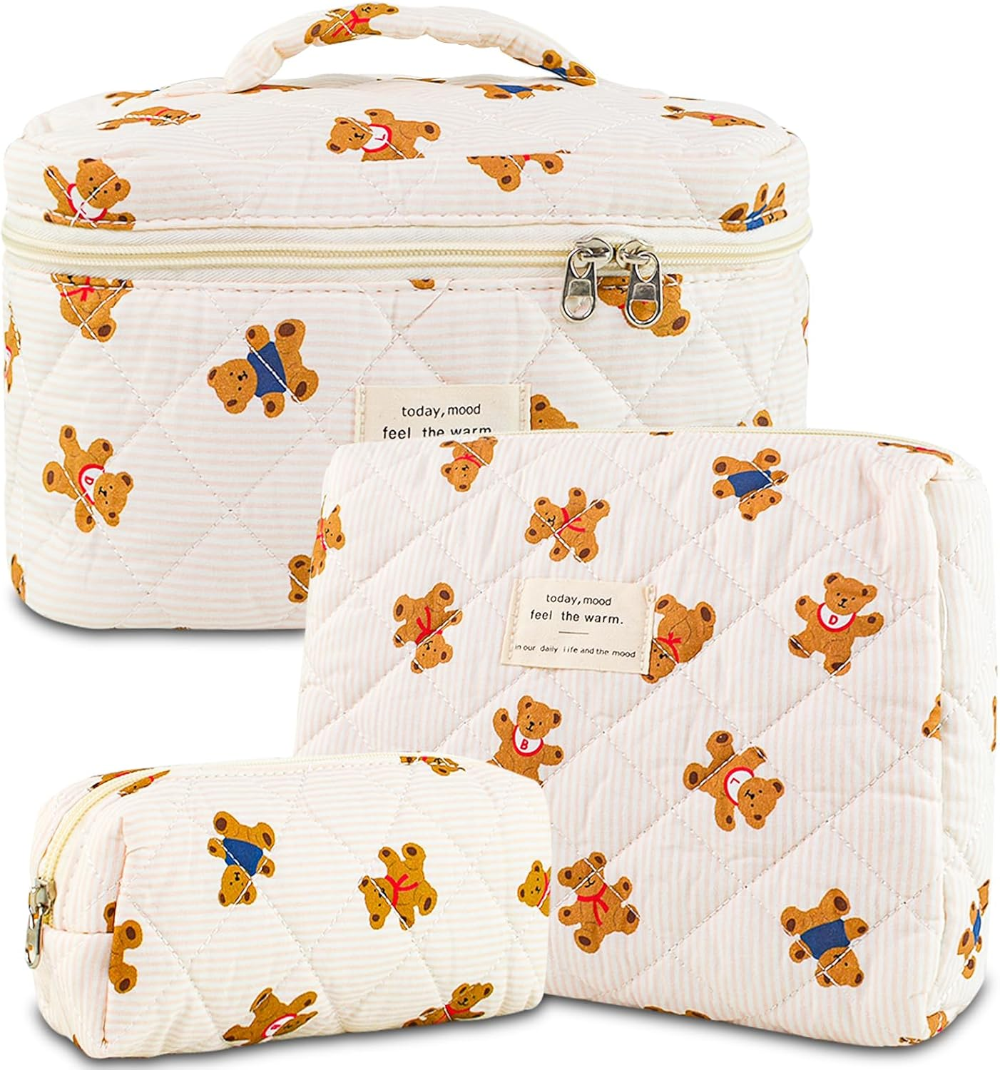 3Pcs Makeup Bag Cotton Quilted Travel Cosmetic Bag Cute Floral Makeup Pouch Large Toiletry Bag for Women Girls, Bear A, Daily