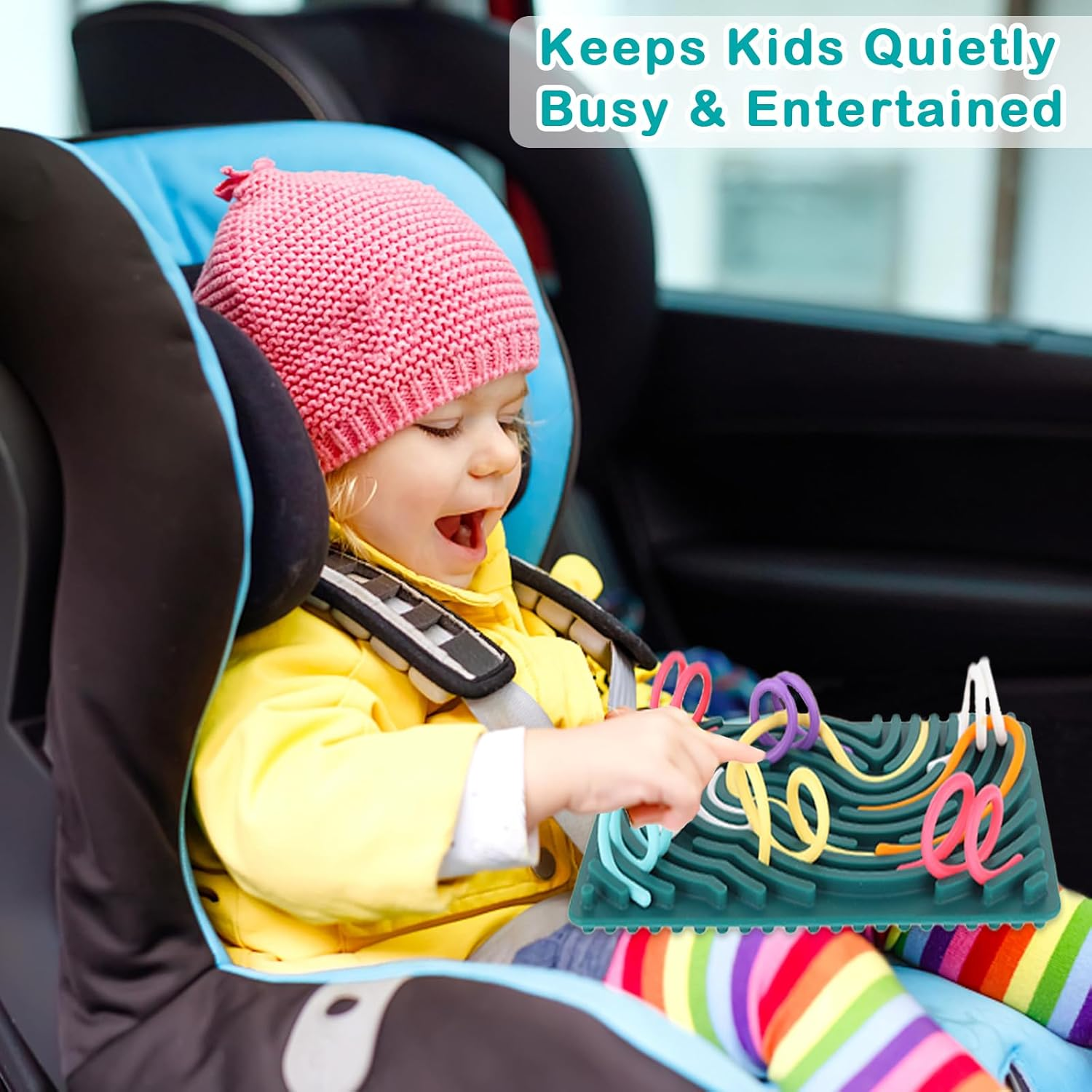 Sensory Fidget Toys for Kids Adults, Double-Sided Silicone Activity Busy Board for Stress Relief, Calming, Focus, Autism and ADHD, Travel Toys with Portable Bag & 20 Strings (Square) image number 3