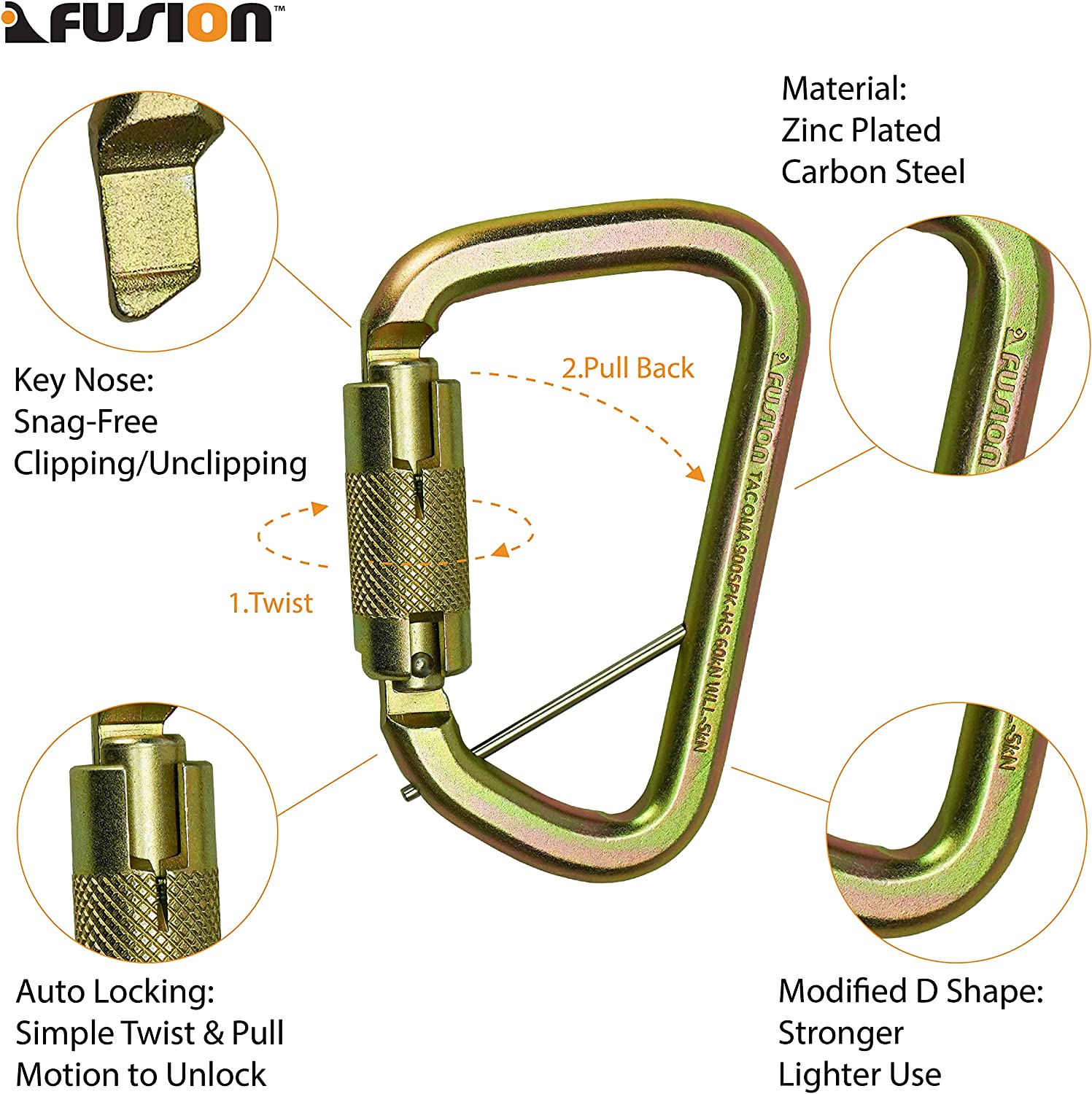 Fusion Climb Tacoma Steel High Strength Auto Lock Modified D-Shaped Steel Carabiner, Steel Clip image number 1