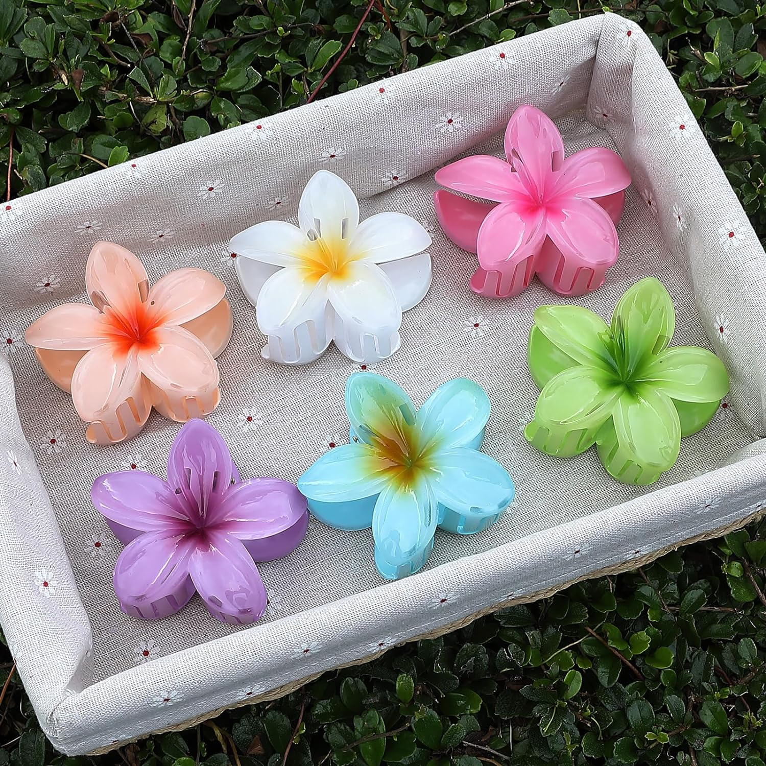 6 Pack Large Claw Clips for Women, Hawaiian Plumeria Hair Accessories, Non-Slip Claws for Thick, Thin, Curly Hair, Tropical Summer Hair Accessories, Beach, Gym, Everyday Use
