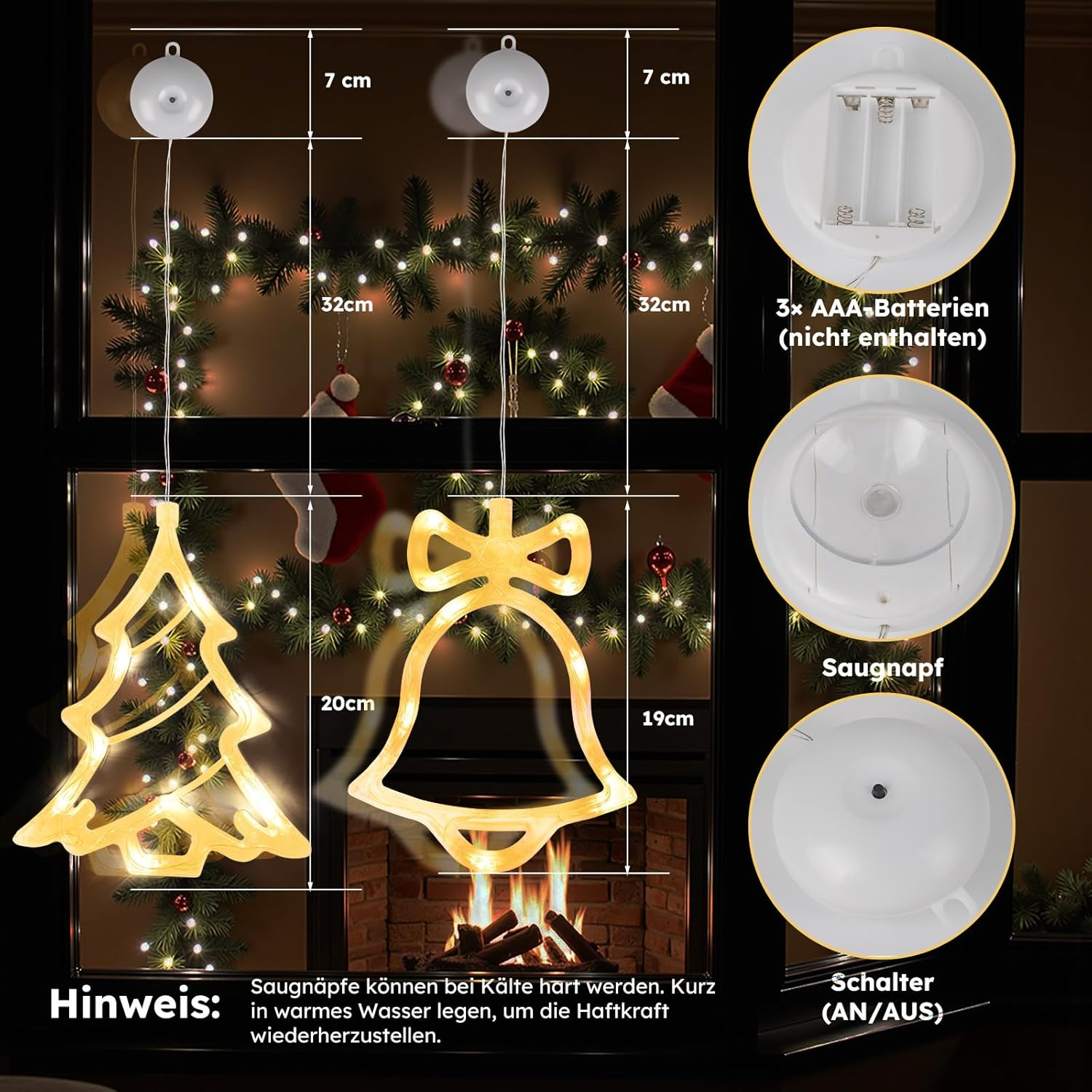 LEDYA Christmas Window Lights, Pack of 2 Bell & Christmas Tree, Warm White Fairy Lights, Battery Operated with Suction Cup & Timer, Window Fairy Lights for Christmas Decoration, Party, Wedding