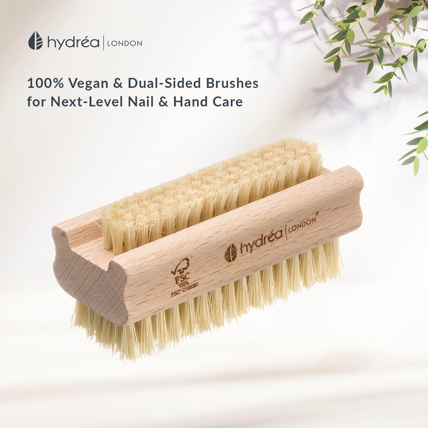 Hydrea London Nail Brush - Double-Sided Pedicure & Manicure Brush with Natural Cactus Bristles - 100% Vegan Hand Scrub, Fingernail Cleaner, & Tough Toenail Cleaning Scrubber - FSC&reg; Certified Beechwood image number 5
