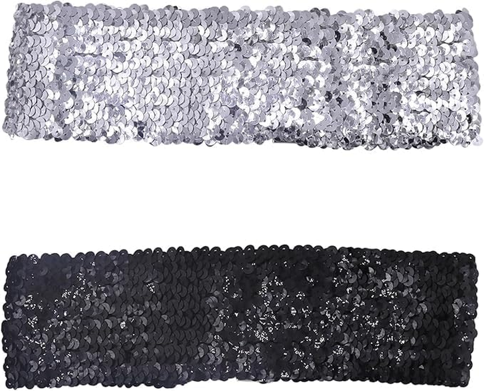 2PCS Women Girls Sparkly Glitter Sequin Stretchy Elastic Waist Belt Wide Dress Belt Corset Cinch Belt image number 1