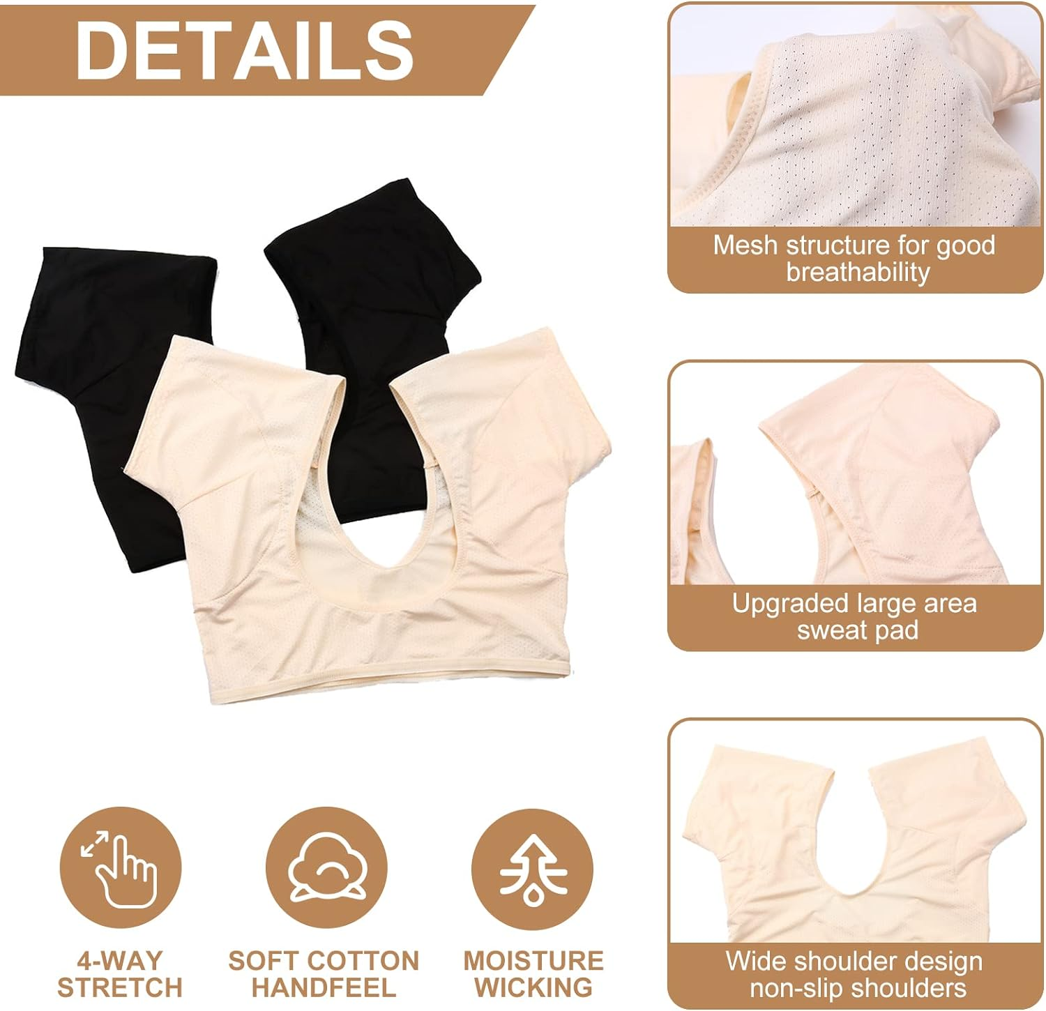 2 Pcs Breathable and Sweat Resistant Underarm Vests - Beige+Black Women'S Armpit Sweat Pads - Suitable for M/L/XL - Machine Washable and Reusable Clothing S(Skin Color + Black L)