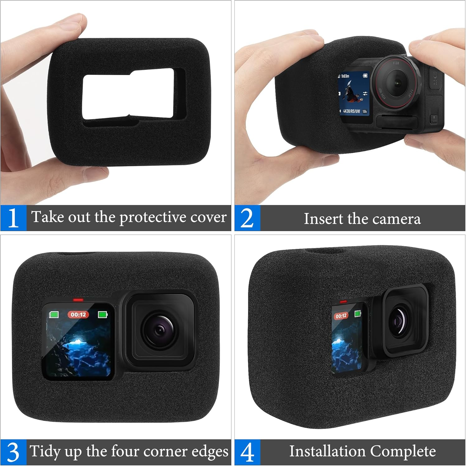 Geekria for Creators Windslayer Cover Wind Muff Compatible with Gopro Hero 13, 12, 11, 10, 9 Action Camera, Housing Frame Case, Video Noise Reduction Sponge Accessories (Black / 2 Pack)