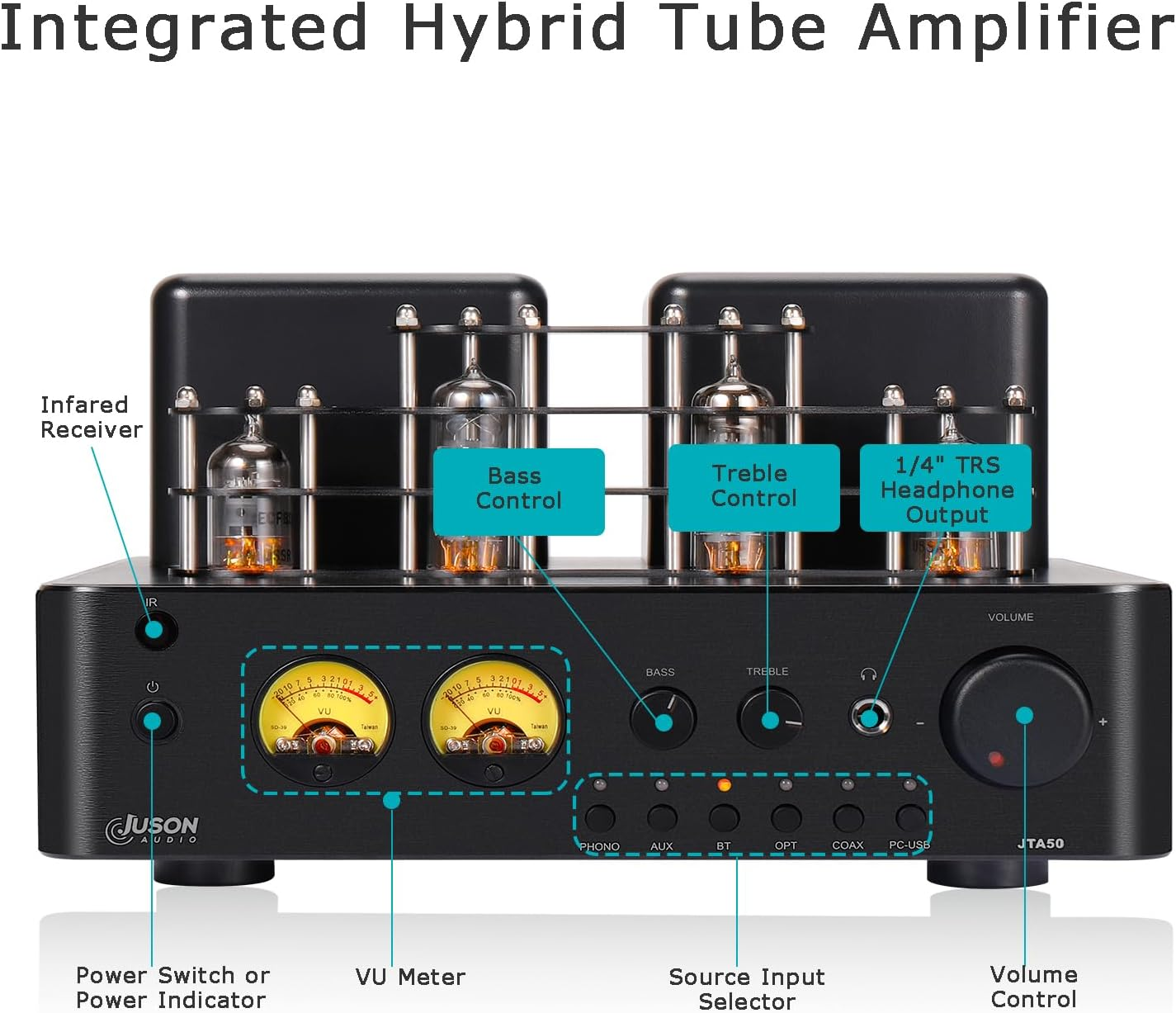 Juson Audio JTA50 Tube Amplifier Entry-Level Hifi Amp with BT 5.0, Remote,Aux,Coax, Phono and USB In,Subwoofer Out,2.1Ch for Turntable image number 4