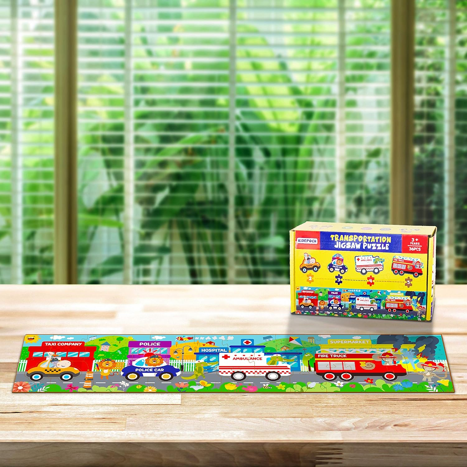 Kidepoch Transportation Floor Puzzles for Kids Ages 3-5, 36 Pieces Jumbo Puzzles for Kids Ages 4-8, Cute Animals & Rescue Vehicles, Great for Learning and Fun, 37&rdquo; X 8.2&rdquo; with Storage Box image number 4
