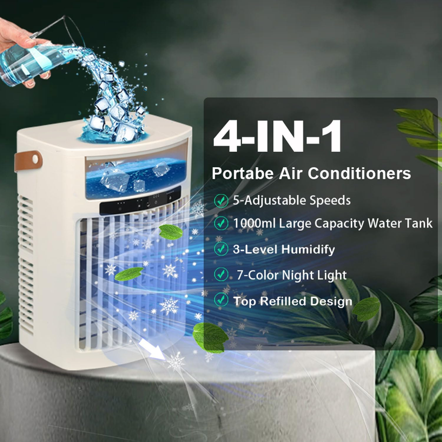 Portable Air Conditioner, 4 in 1 Air Cooler 1000ML Water Tank, Personal Fan 5 Speeds & 3 Spray Modes Timing Evaporative Air Cooler, 7 Color Night Light, Desk Cooling Fan for Bedroom Office Living Room