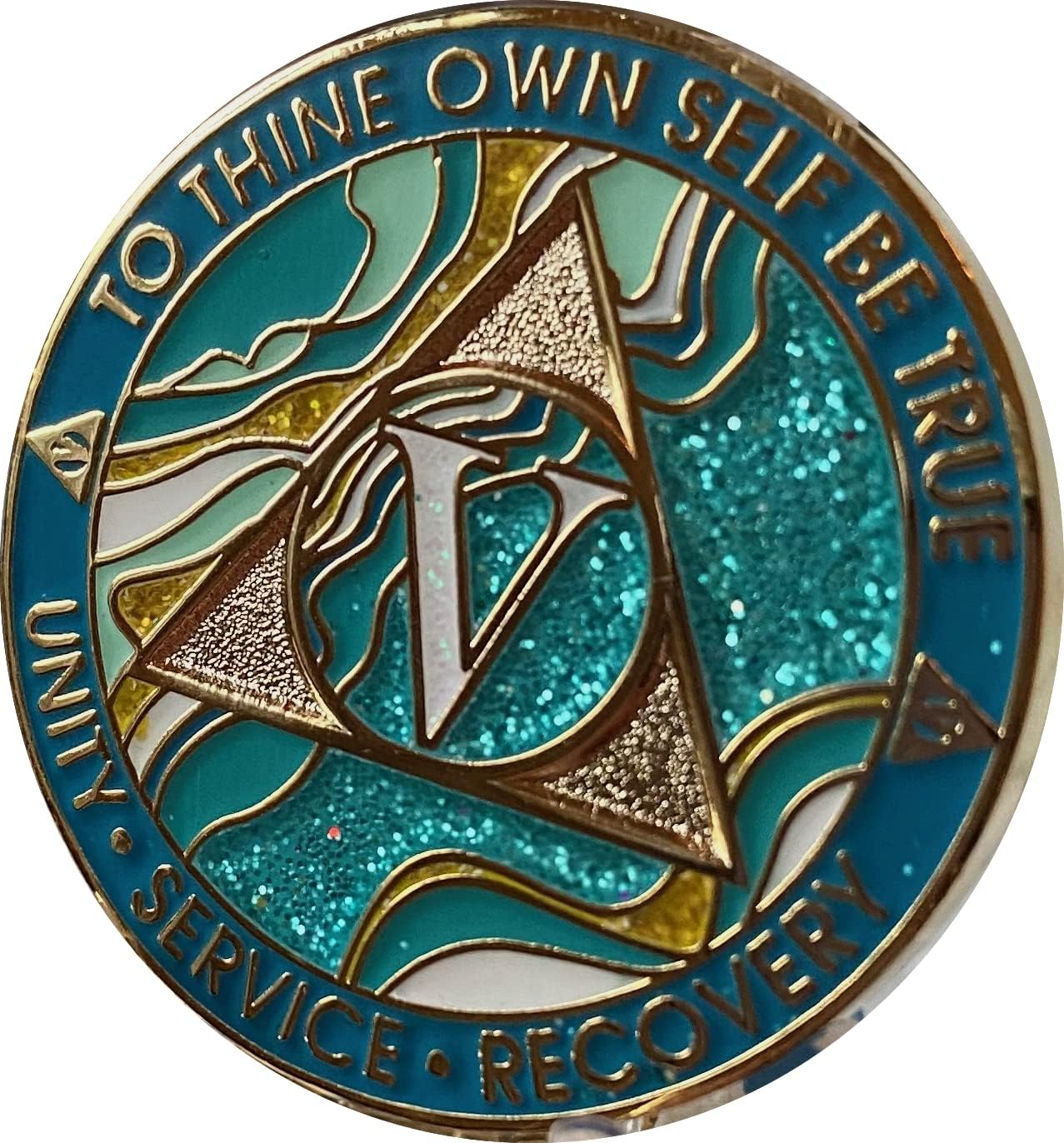 5 Year AA Medallion Elegant Marble Caribbean Aqua Glitter Blue Gold Plated Chip image number 2