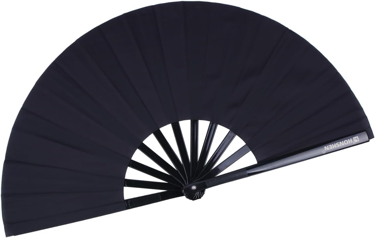 Folding Fan Black Large Hand Fan Chinese Kung Fu Tai Chi Hand Held Plastic-Nylon Folding Fans for Men with a Fabric Case for Protection 13Inch (Folding Fan Black)