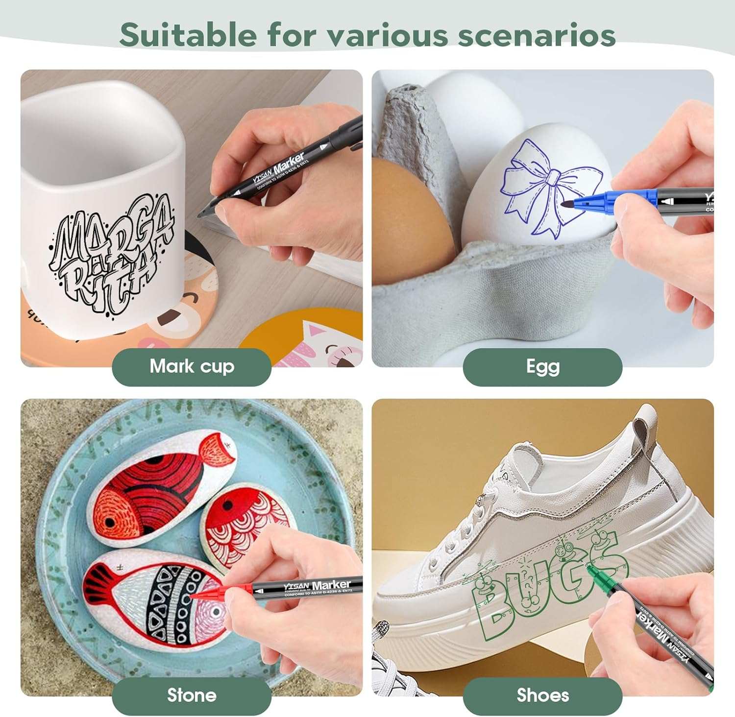 YISAN Permanent Marker Thin Permanent Pen 4 Colours with Fine Double Tip, 12 Waterproof Felt Tip Pens for Glass, Stone, 70795 image number 1