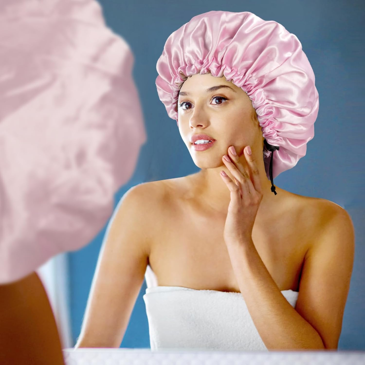 Edoneery Women'S Pink Satin Bonnet for Curly, Braided Hair; Sleeping Bonnets; Size 18-26 Inches; Adjustable Toggle; Classic Style image number 5