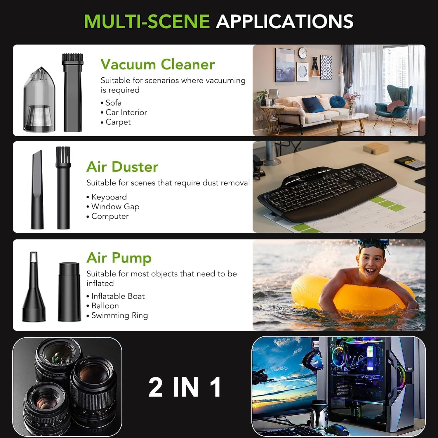 2 in 1 Handheld Vacuum Cleaner & Compressed Air Duster, Portable Cordless Vacuum Cleaner for Car, Electric Dust Air Blower for Home, PC, Keyboard, 3 Gear, 100000Rpm, 6000Mah image number 5