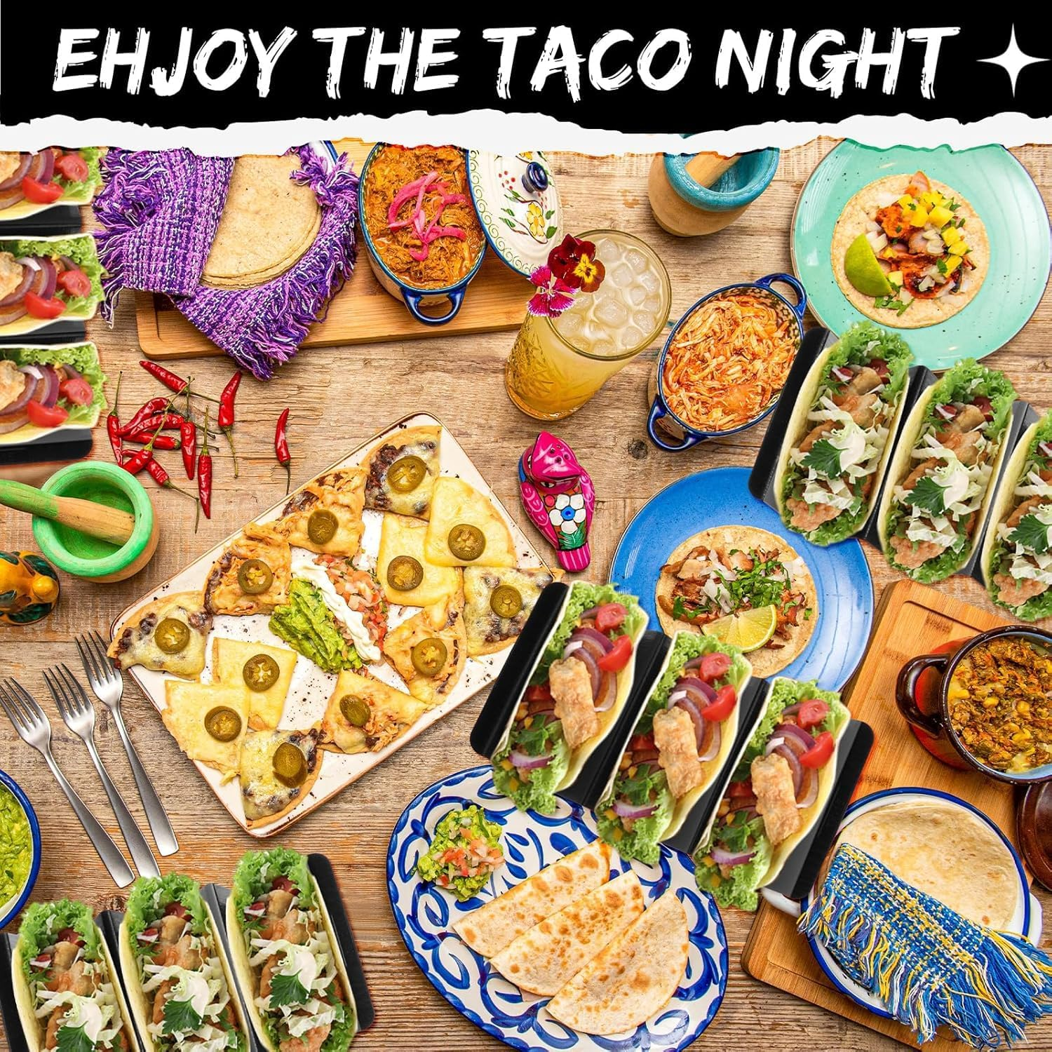 Mexico Taco Holder Stands Set of 7 Black Large Tray Plates Plastics Holder for Taco Night Tuesday Carnival Party Supplies, Dishwasher Microwave Safe