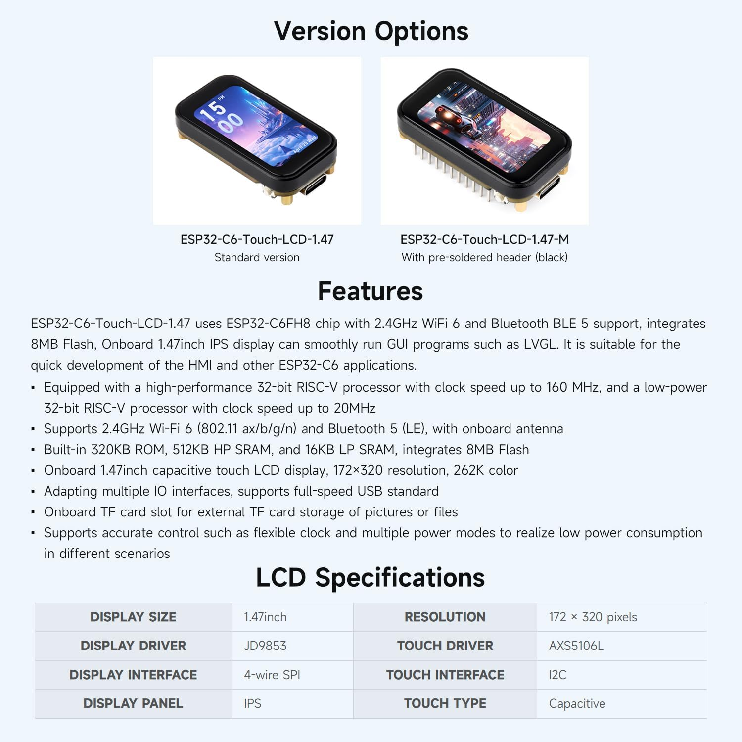 Waveshare ESP32-C6 1.47Inch Touch Display Development Board, 172&times;320 Resolution, 262K Display Color, Supports W-FI 6 / BLE 5, 160Mhz RISC-V Processor image number 4