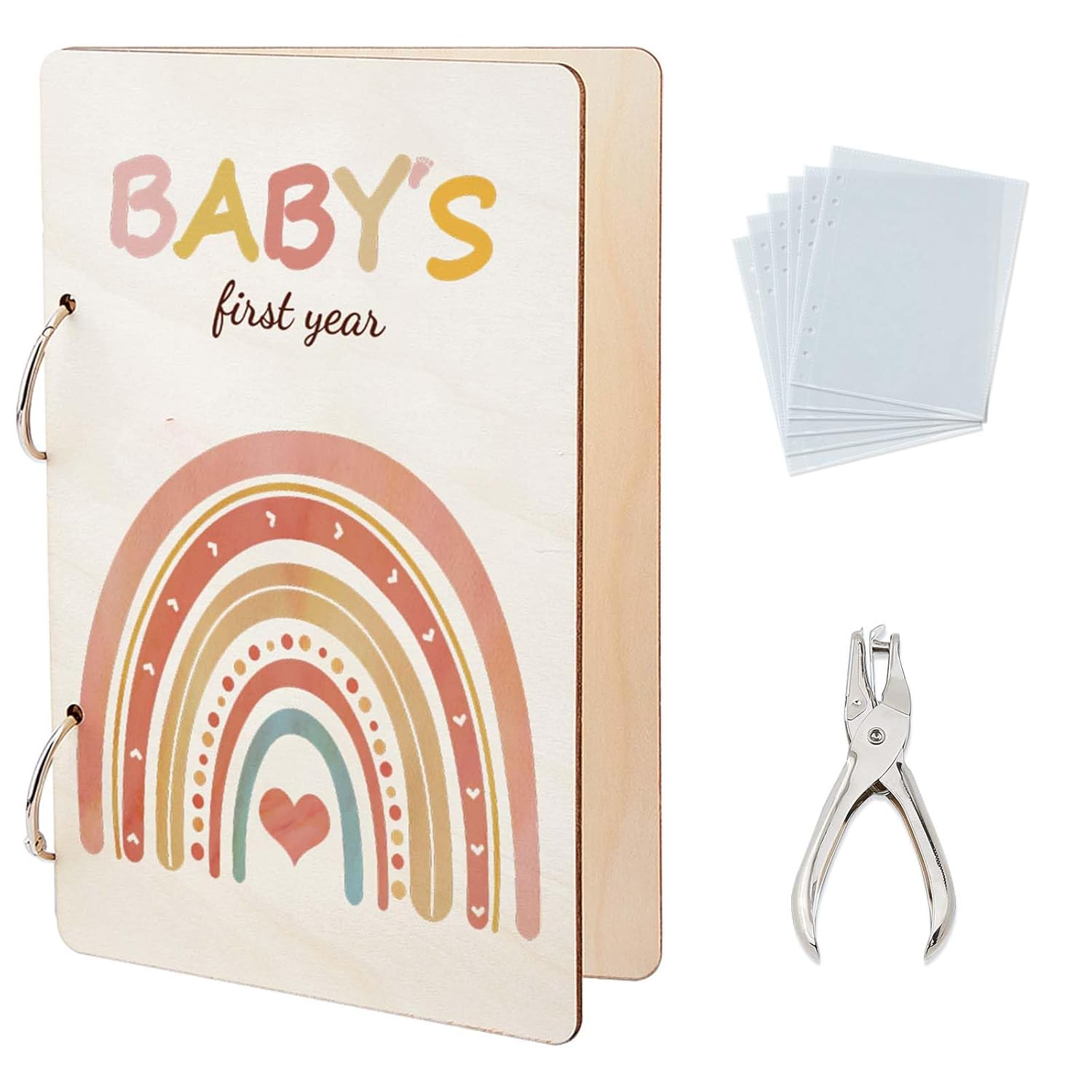 SUPERDANT Bohemian Rainbow Greeting Card Organizer Set Baby&lsquo;S First Year Wooden Wonderful Memories Card Keeper Binder Suit Holder Book with 2-Ring 20 Inner Pocket and Punch for Baby Shower 24X16Cm image number 3