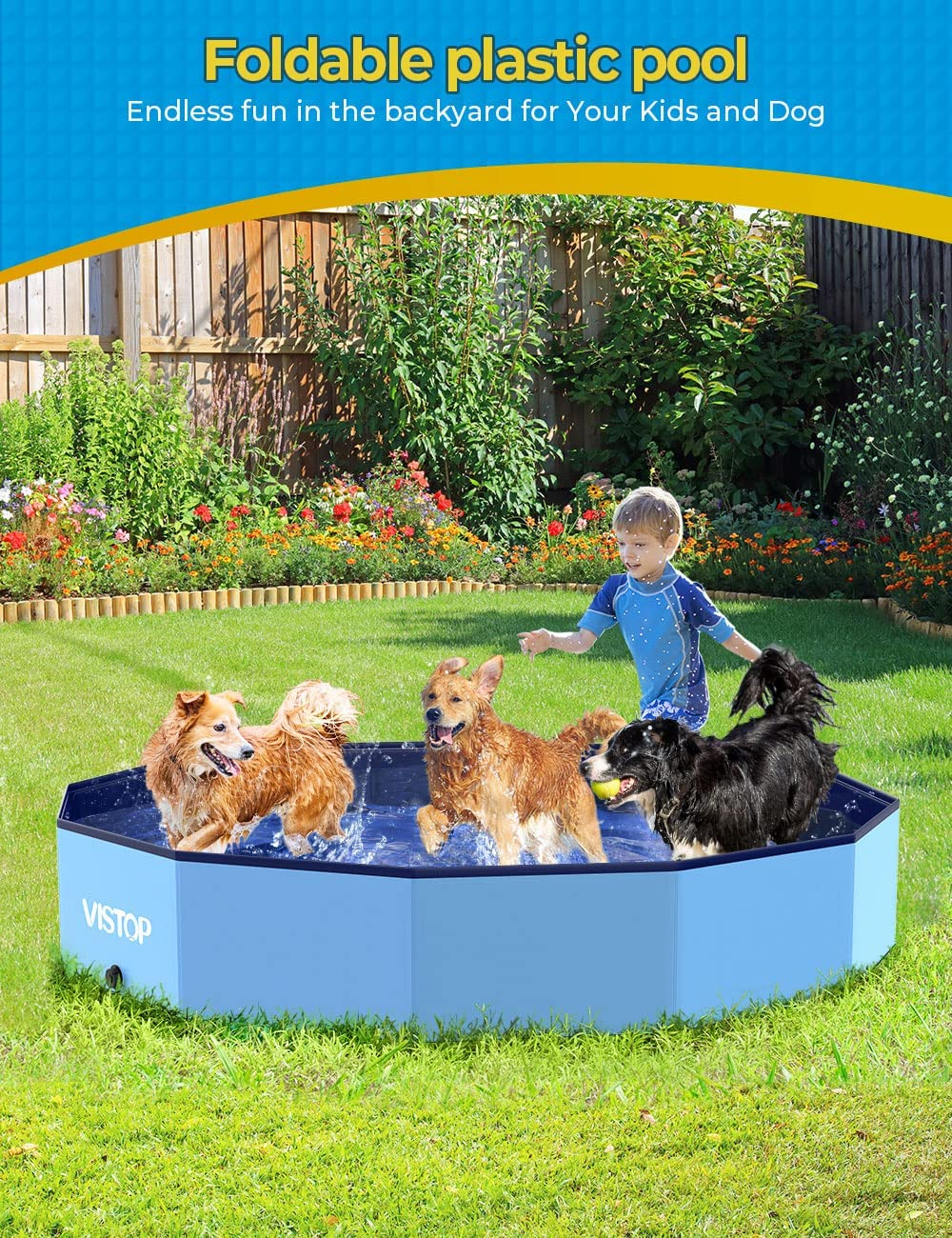 VISTOP Extra Large Foldable Dog Pool XXL, Hard Plastic Shell Portable Swimming Pool for Dogs Cats and Kids Pet Puppy Bathing Tub Collapsible Kiddie Pool (67Inch.D X 11.8Inch.H, Blue) image number 6