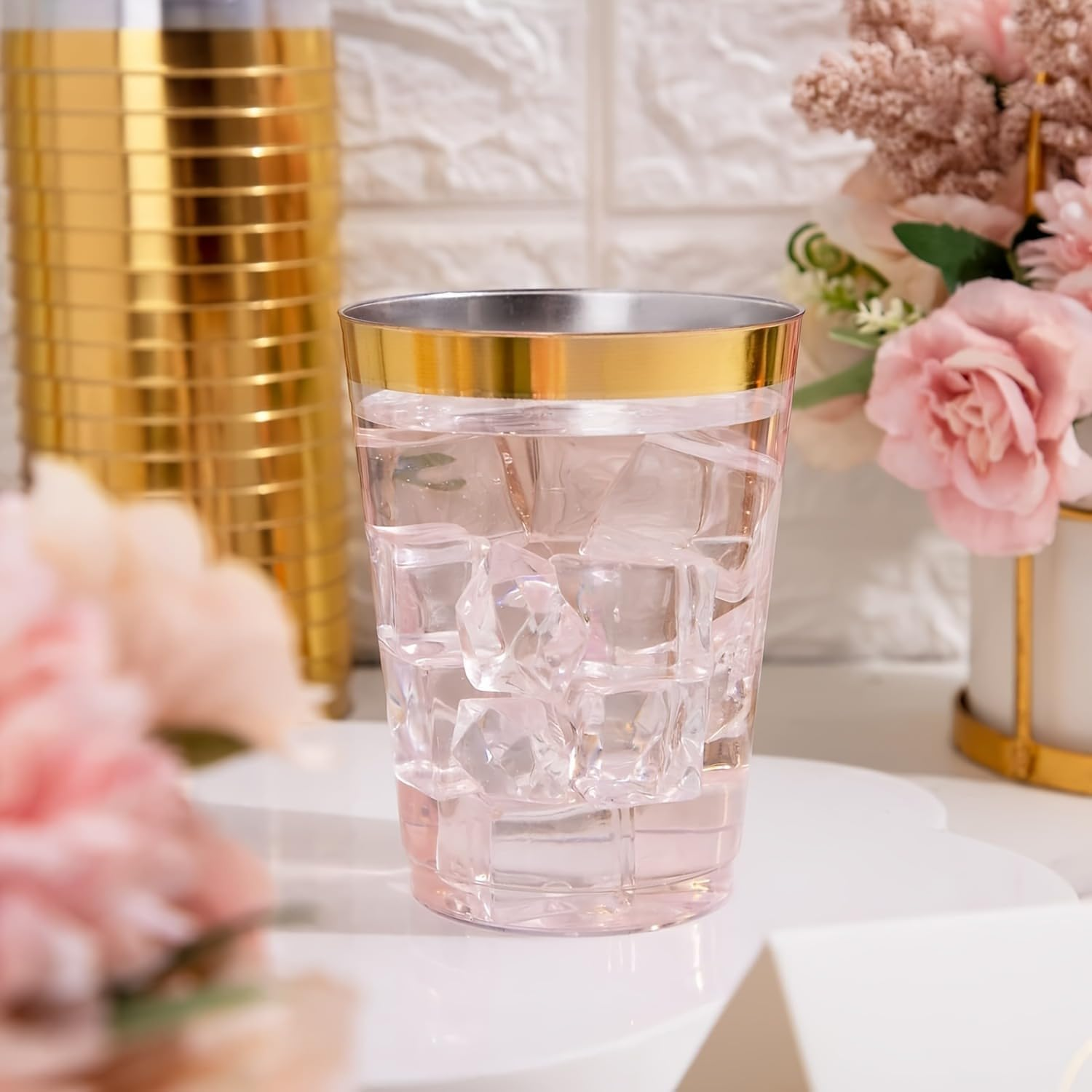 Pack of 50 10 OZ 300 Ml Reusable Plastic Cups with Gold/Silver/Rose Gold Rim Gold Glitter-Elegant Plastic Glasses for Champagne,Beer,Cocktails and Desserts-Stylish Plastic Wine Glasses (Glod) image number 6