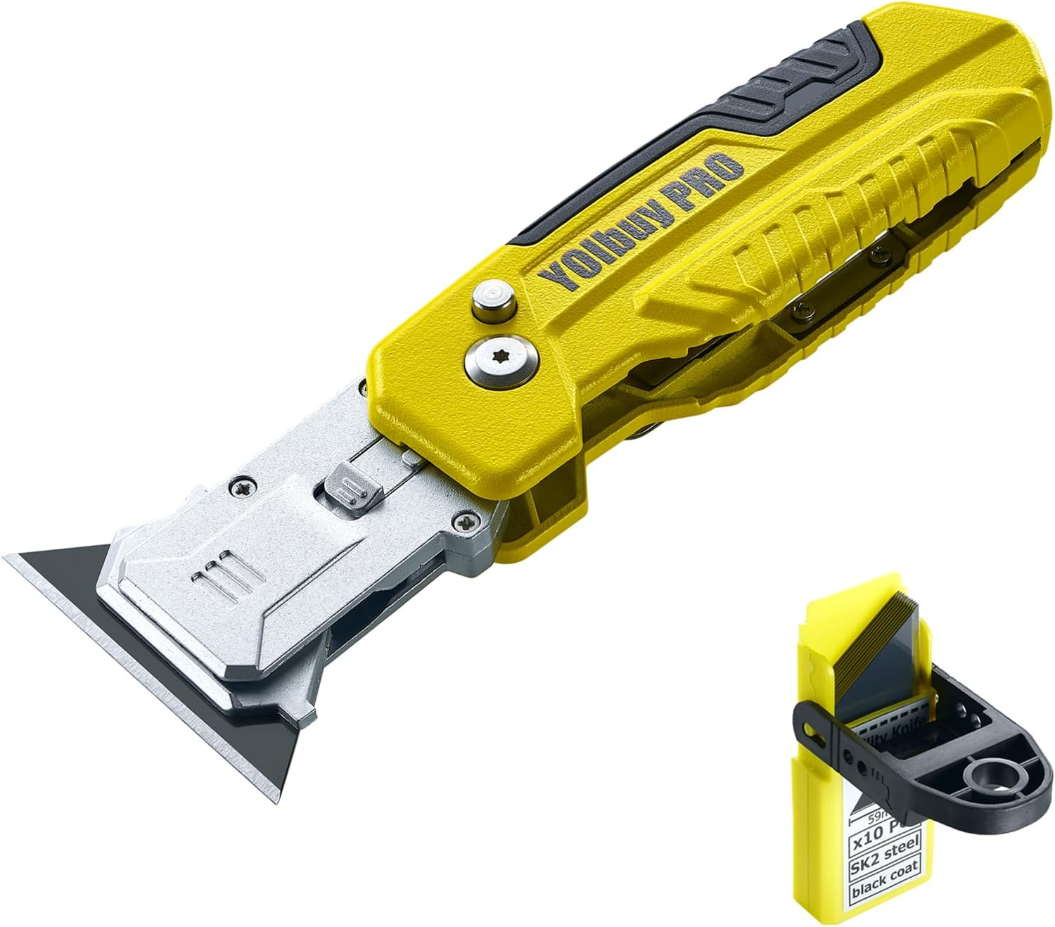 Yoibuy PRO Foldable Utility Knife with Scraper Function, Holds 2 Replacement Blades, Zinc Alloy Body, SK2 Replacement Blade
