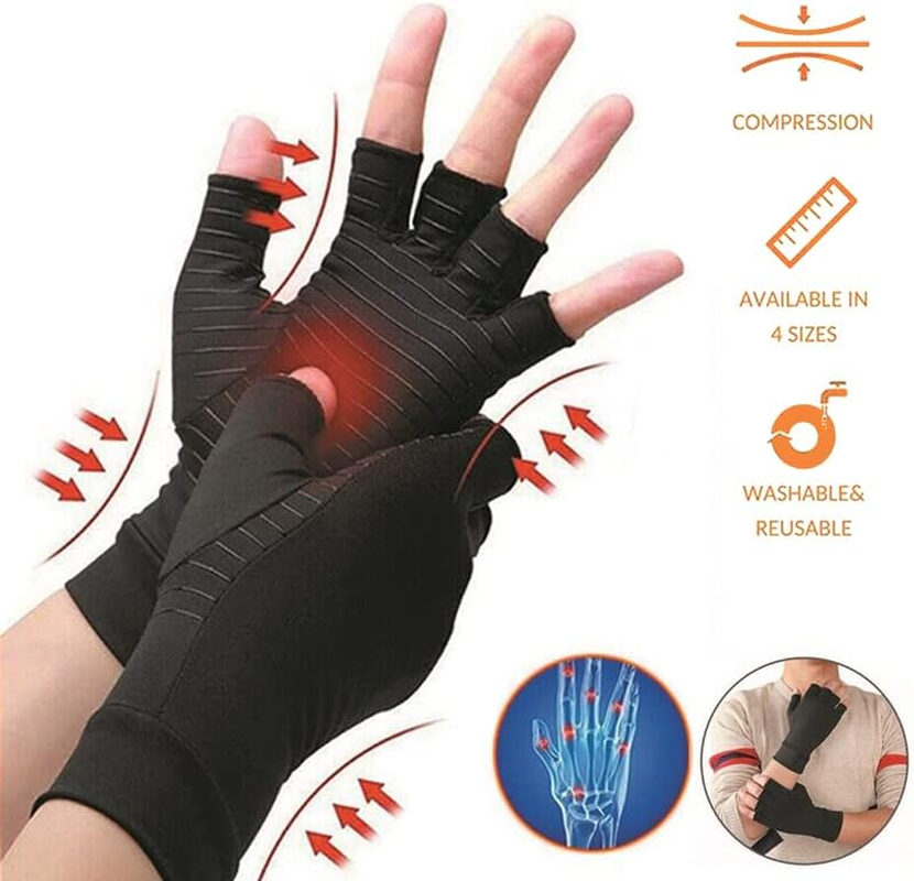 Compression Copper Arthritis Gloves Hand Wrist Brace Finger Pain Relief Supportf - Anti-Odor, Fingerless Design for Men & Women, Ideal for Carpal Tunnel & Sports