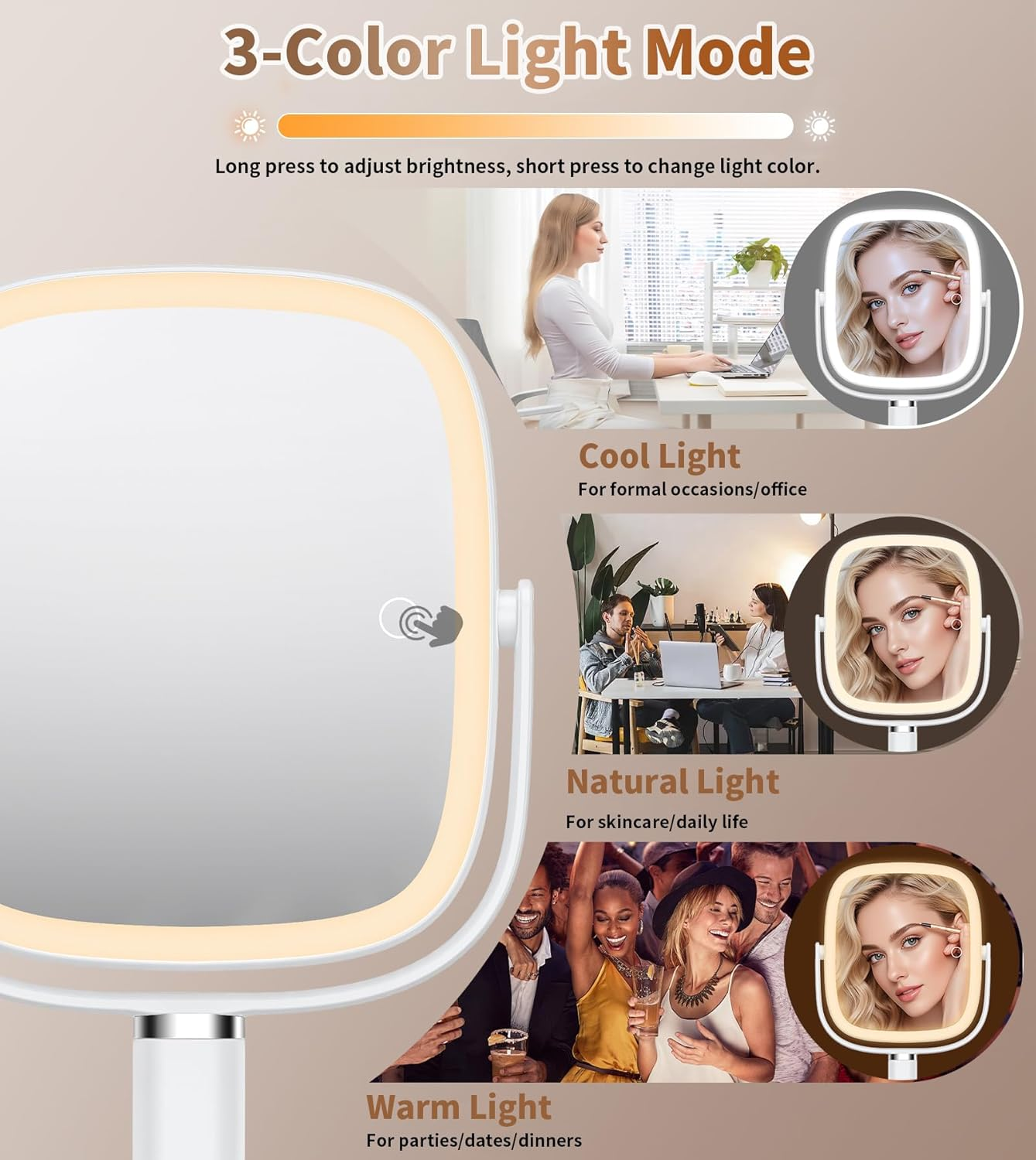 XXZU 64 LED Makeup Mirror with Phone Holder,3000Mah Rechargeable 10X Magnifying Vanity Mirror with Lights,3 Color Lighting & Dimmable Touch Screen Compact Mirrors for Desk,Travel,Bathroom image number 4